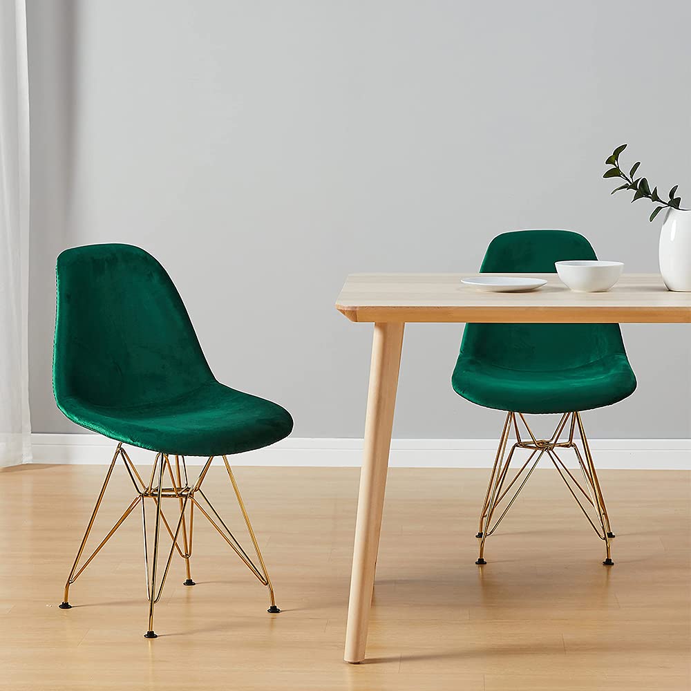 Mid Century Velvet Dining Chairs Set of 2 - Green Upholstered Kitchen Chairs with Metal Legs for Dining Room, Living Room & Bedroom - Elegant Guest Seating for Home Decor