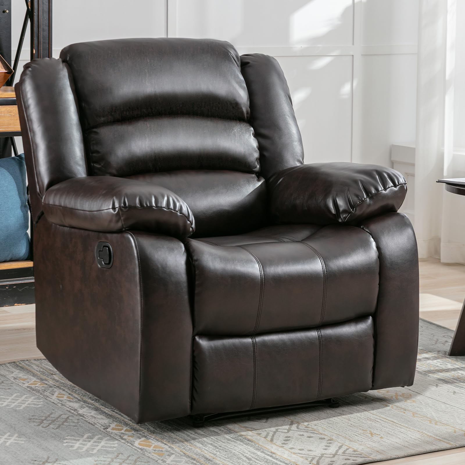 ANJ Manual Recliner Chair - Dark Brown Faux Leather Living Room Reclining Sofa with Padded Arms & Back Support | Comfortable Single Seat for Home Theater, Gaming & Relaxation