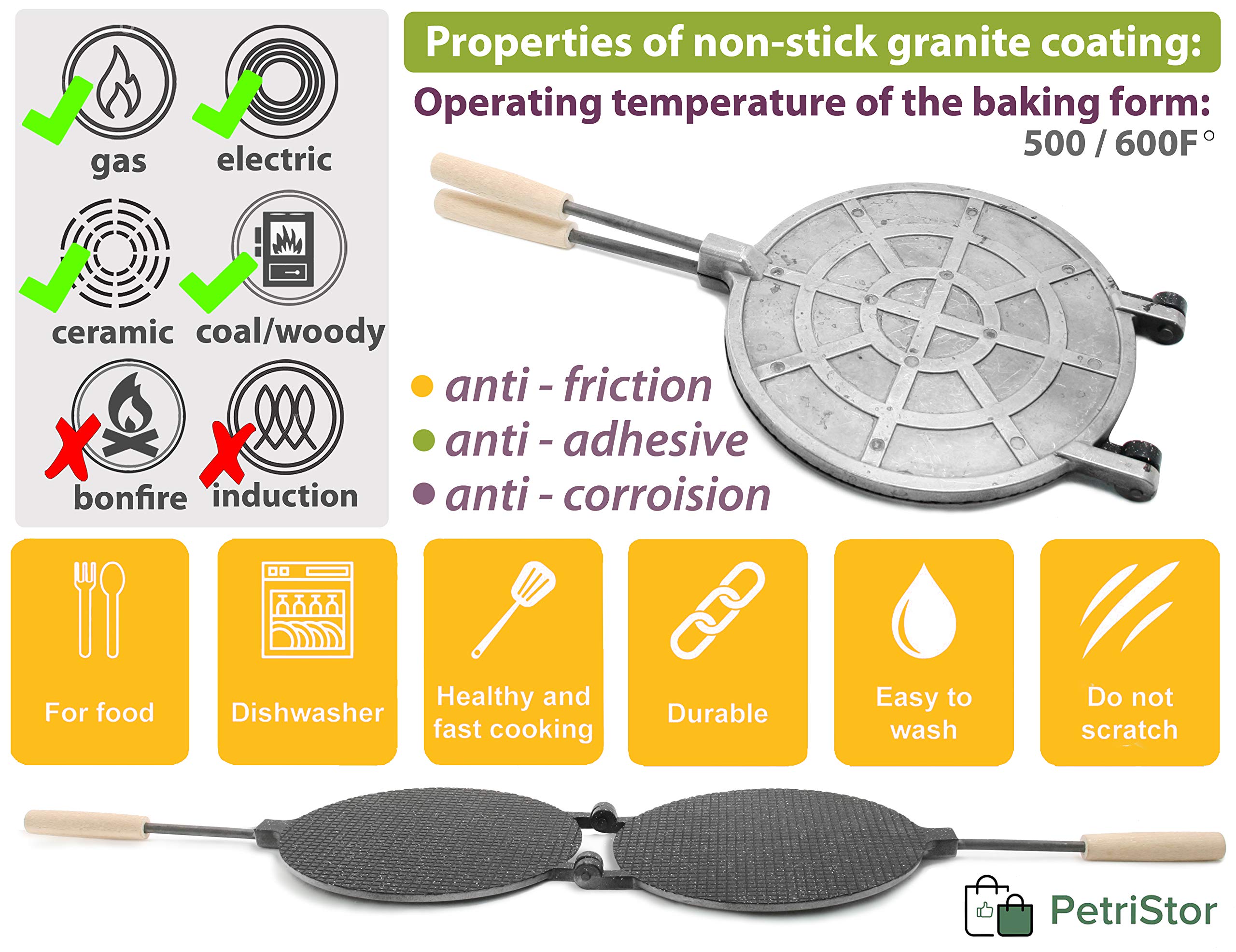 PetriStor 8-Inch Round Waffle Maker with Nonstick Coating - Electric Waffle Cone, Krumkake, Stroopwafel & Ice Cream Cone Maker Machine for Home & Commercial Use - Perfect for Bakeries, Cafes & Dessert Shops