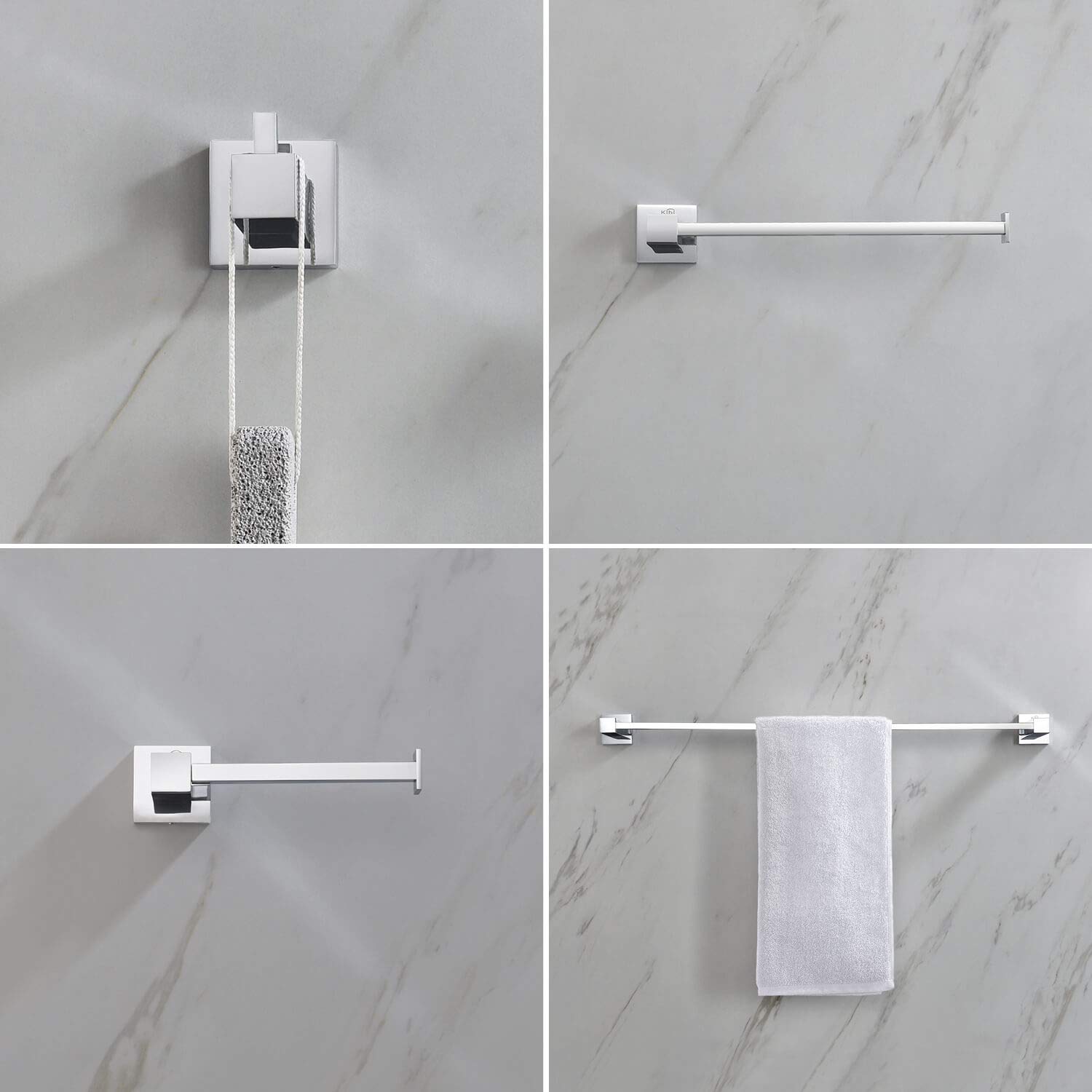 KIBI Cube 4-Piece Bathroom Hardware Set - Solid Brass Towel Bar, Towel Ring, Toilet Paper Holder & Robe Hooks - Chrome Finish (C-KBA15-4) | Modern Bathroom Accessories for Home & Hotel Decor