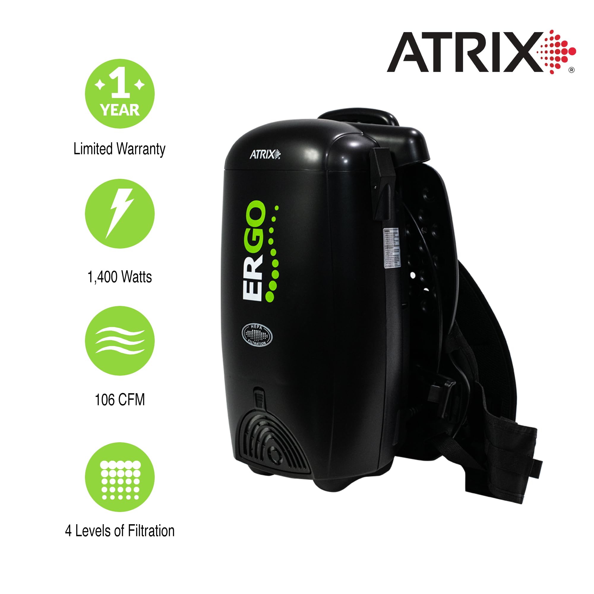 Atrix HEPA Backpack Vacuum Cleaner - Lightweight Cordless Vacuum for Home & Office Cleaning - Perfect for Carpets, Hard Floors, and Pet Hair Removal