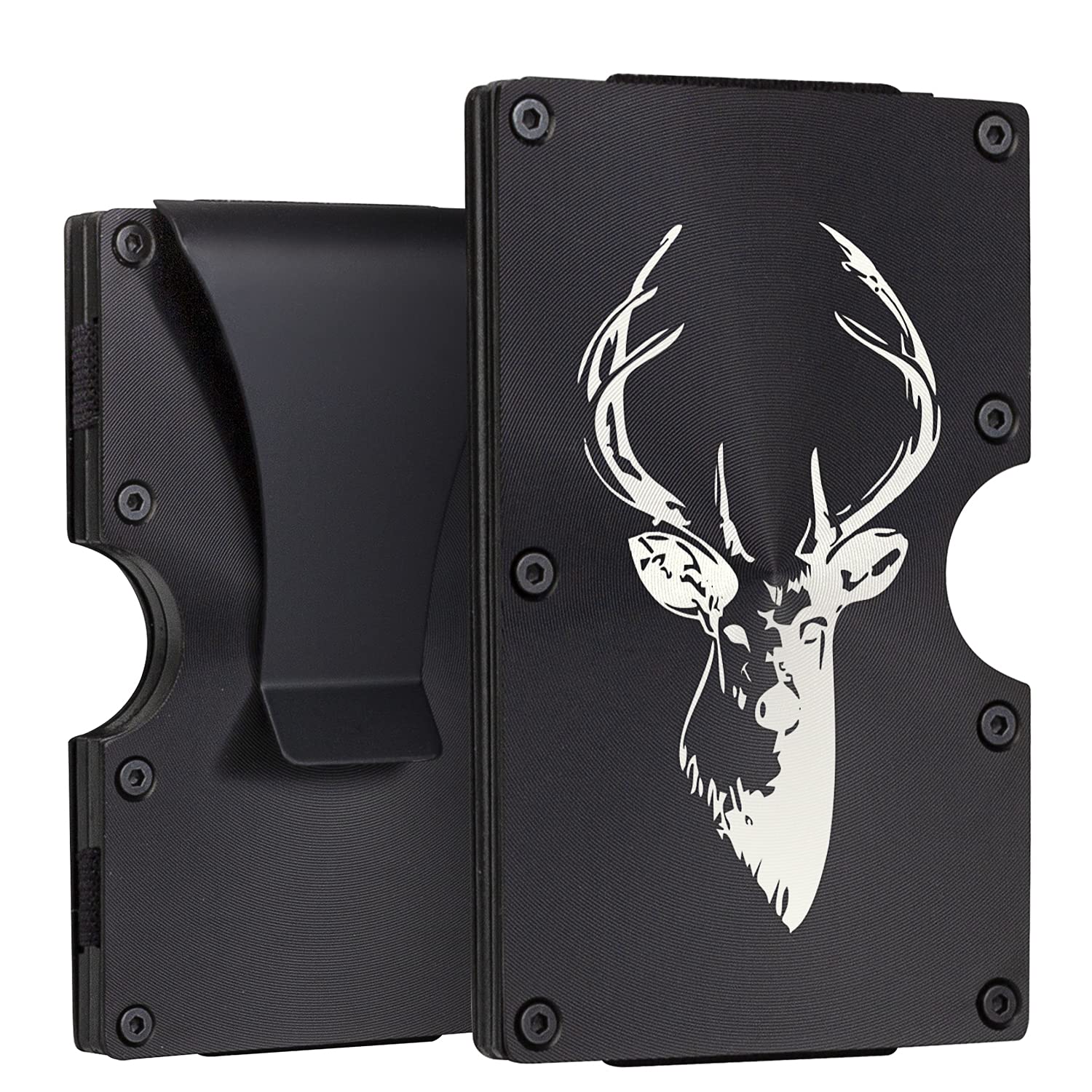 Premium Carbon Fiber RFID Wallet for Men - Slim Minimalist Metal Money Clip with Engraved Deer Design - Ideal Gift for Dad, Husband, Son - Black (Perfect for Travel, Business & Everyday Carry)