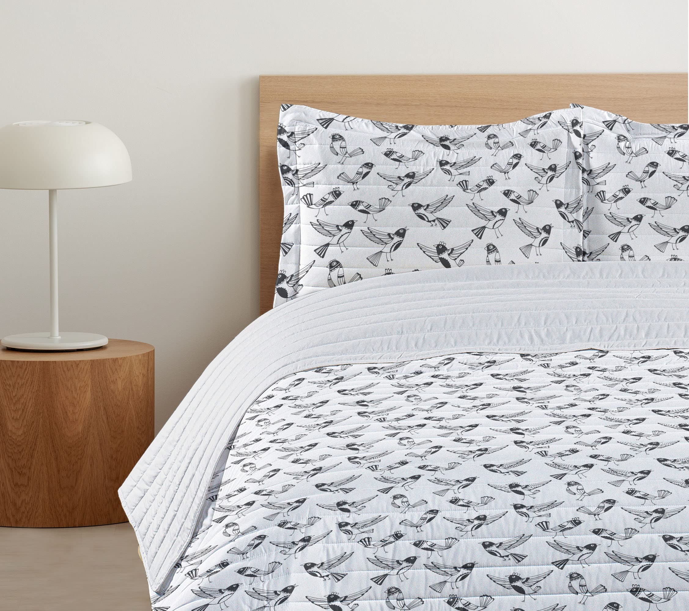 Ambesonne Black and White Microfiber Bedspread Set - Doodle Style Sketch Cartoon Birds with Funny Expressions, Soft King Size Bedding with Pillow Shams & Comforter | Modern Bedroom Decor for Teens & Adults