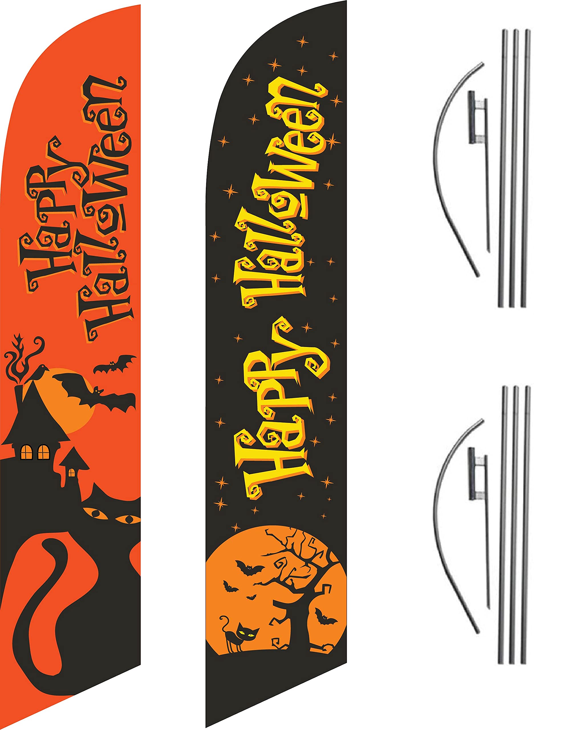 Happy Halloween Orange & Pumpkin Feather Flags - Outdoor Halloween Decorations for Business Advertising - Complete Kit with 2 Flag Poles & Ground Spikes - Perfect for Storefronts, Parties & Festivals