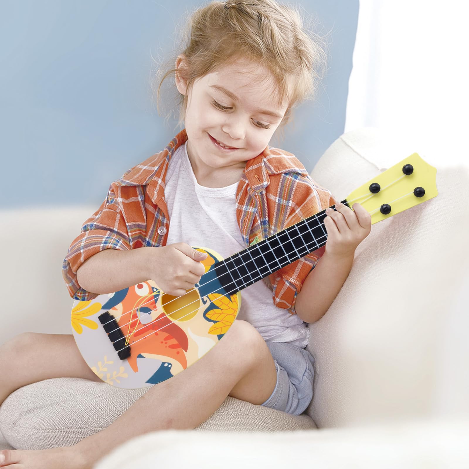 YOLOPLUS+ 17 Inch Kids Ukulele Toy with 4 Steel Strings & Pick - Early Learning Musical Instrument Gift for Preschool Children (Yellow) | Perfect for Birthday Gifts, Music Education & Toddler Playtime