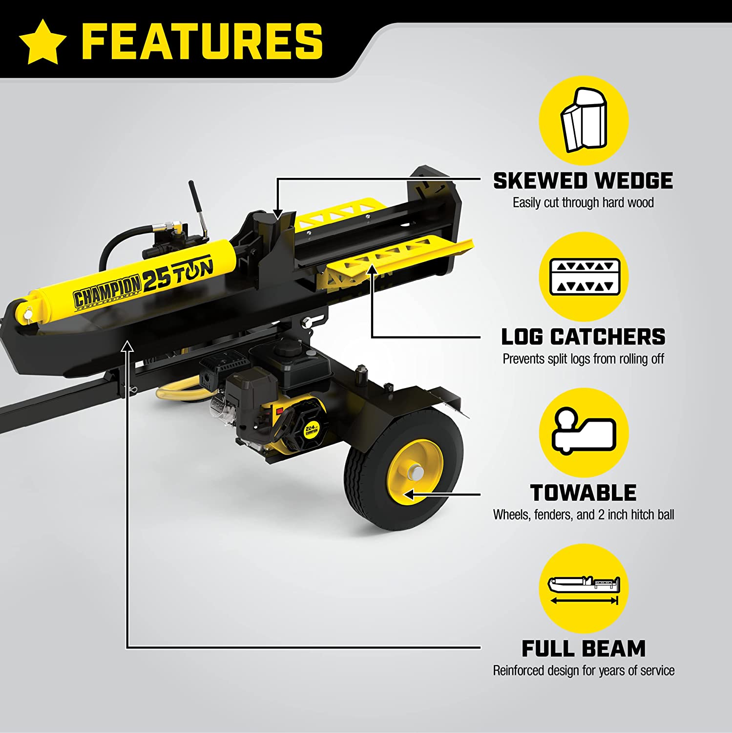 Champion 25-Ton Horizontal/Vertical Gas Log Splitter with Auto Return - Heavy Duty Firewood Splitter for Home Heating, Fireplace & Wood Stove Use