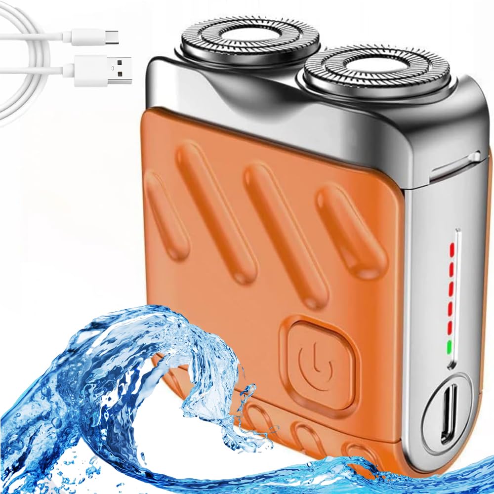Mini Electric Shaver for Men - Rechargeable Dual Blade Waterproof Razor with LED Power Display | USB Fast Charging, Compact Travel Size | Perfect for Home, Travel & Gym Use (Orange)
