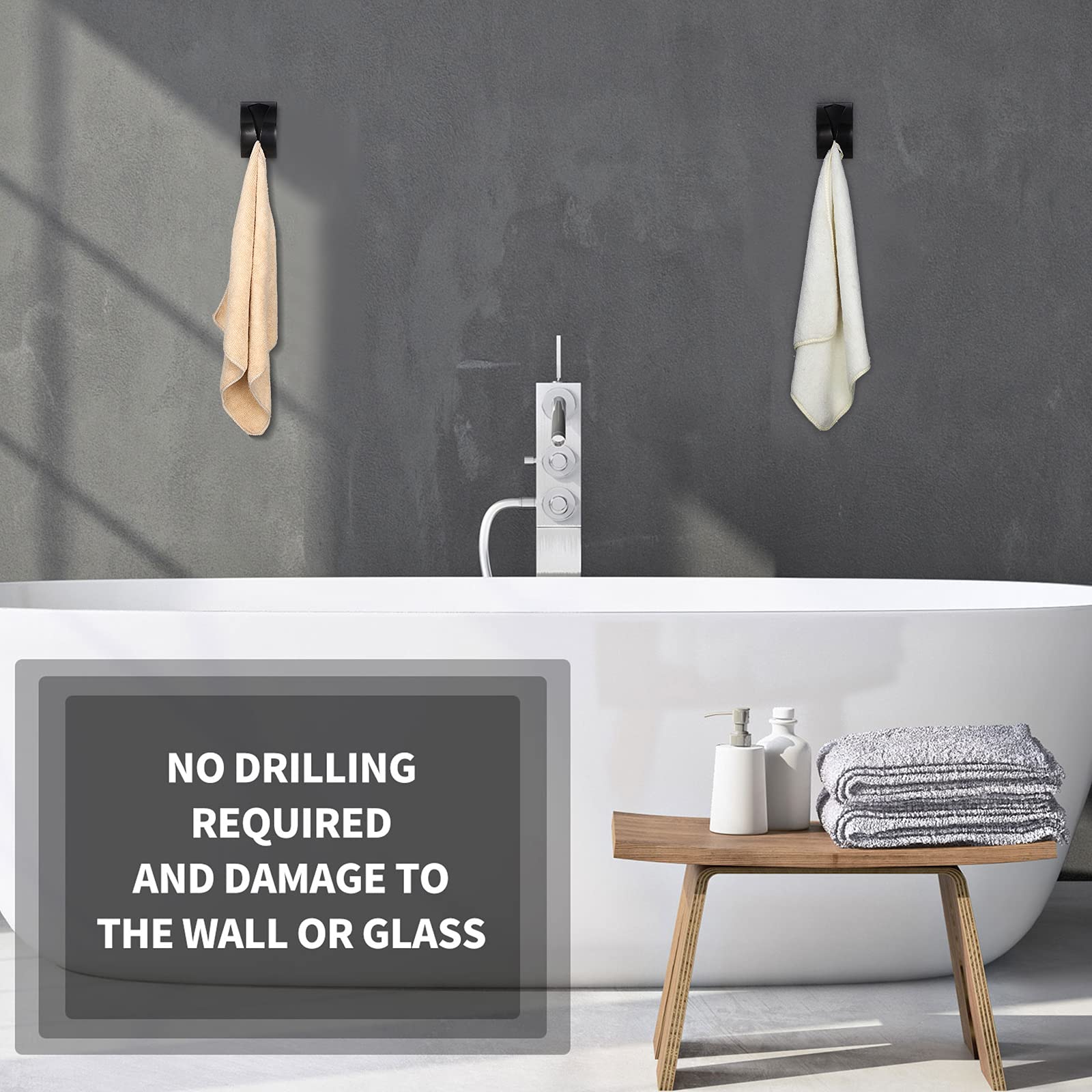 4 Pack Self Adhesive Stainless Steel Towel Hooks - No Drill Wall Mount Hangers for Kitchen, Bathroom & Laundry - Strong Hold for Dish Towels, Robes & Accessories - Perfect Space Saving Solution for Home Organization (Black)