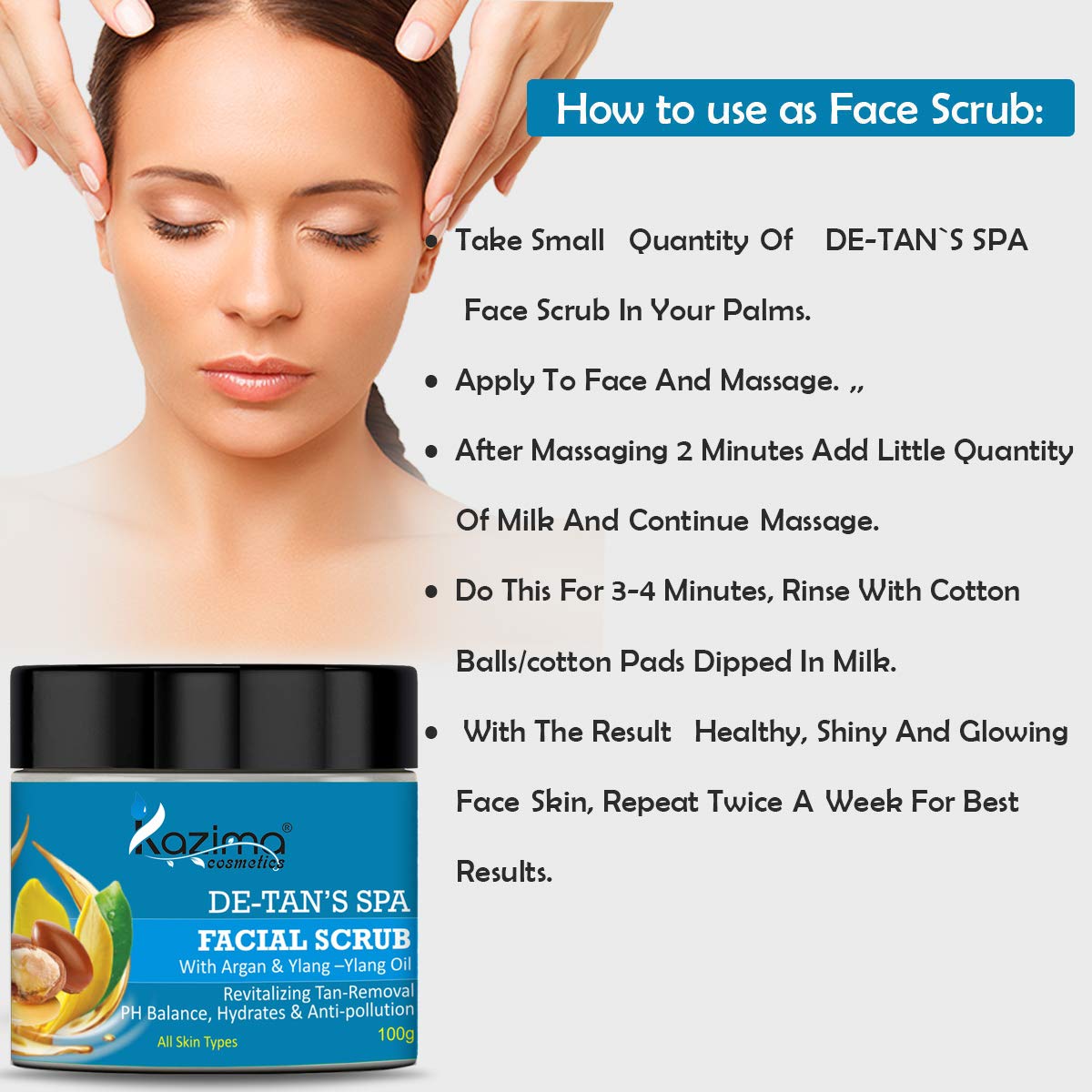 KAZIMA DE-Tan SPA Facial Scrub 100g - Exfoliating Face Wash with Argan Oil & Ylang Ylang for Brightening & Glowing Skin - Perfect for Daily Skincare Routine & Spa Treatment at Home