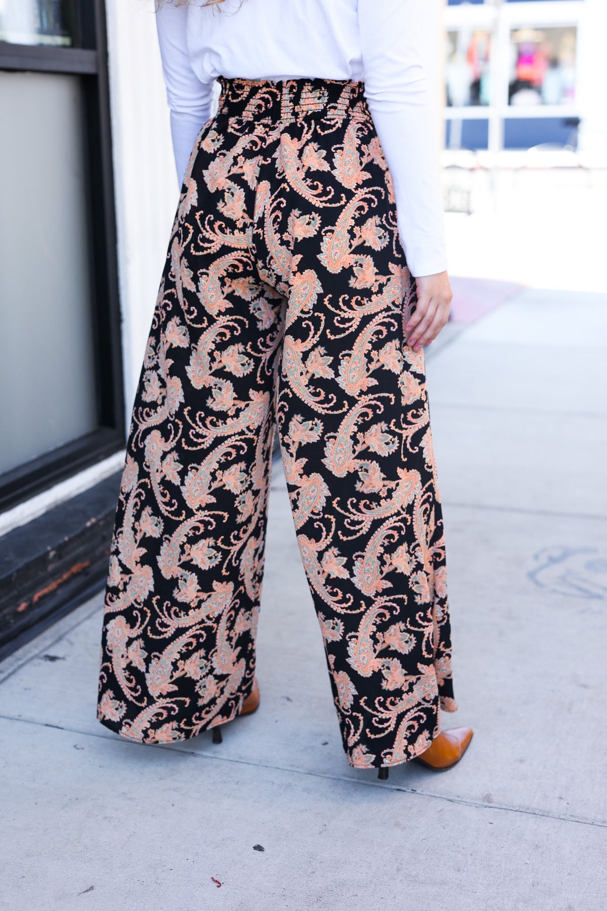 Black Paisley Print Smocked Waist Palazzo Pants for Women - Fall Fashion Wide Leg Trousers with Elastic Waistband | Perfect for Autumn Outfits, Office Wear & Casual Chic Looks