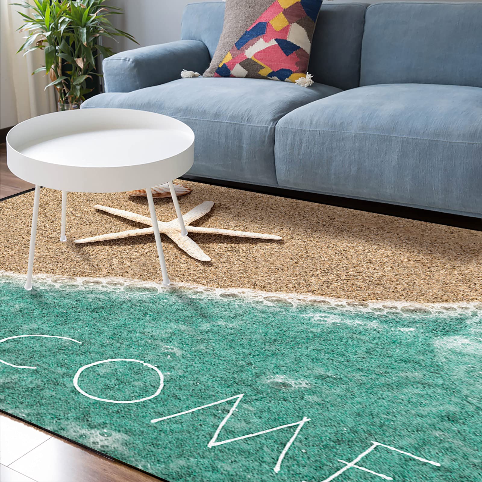 4'x6' Modern Large Area Rugs - Soft Nursery Throw Carpet with Ocean Theme (Starfish, Shells, Bubbles) - Water Green Indoor/Outdoor Floor Covering for Kids Room, Living Room & Bedroom - Perfect for Beach House Decor, Playroom & Cozy Spaces