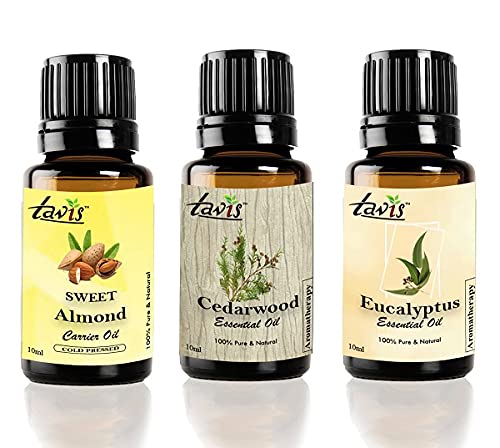 Pure Sweet Almond Oil, Cedarwood Oil & Eucalyptus Oil Essential Oil Set - 100% Natural for Aromatherapy, Massage & Skin Care - Relaxation & Stress Relief at Home or Spa
