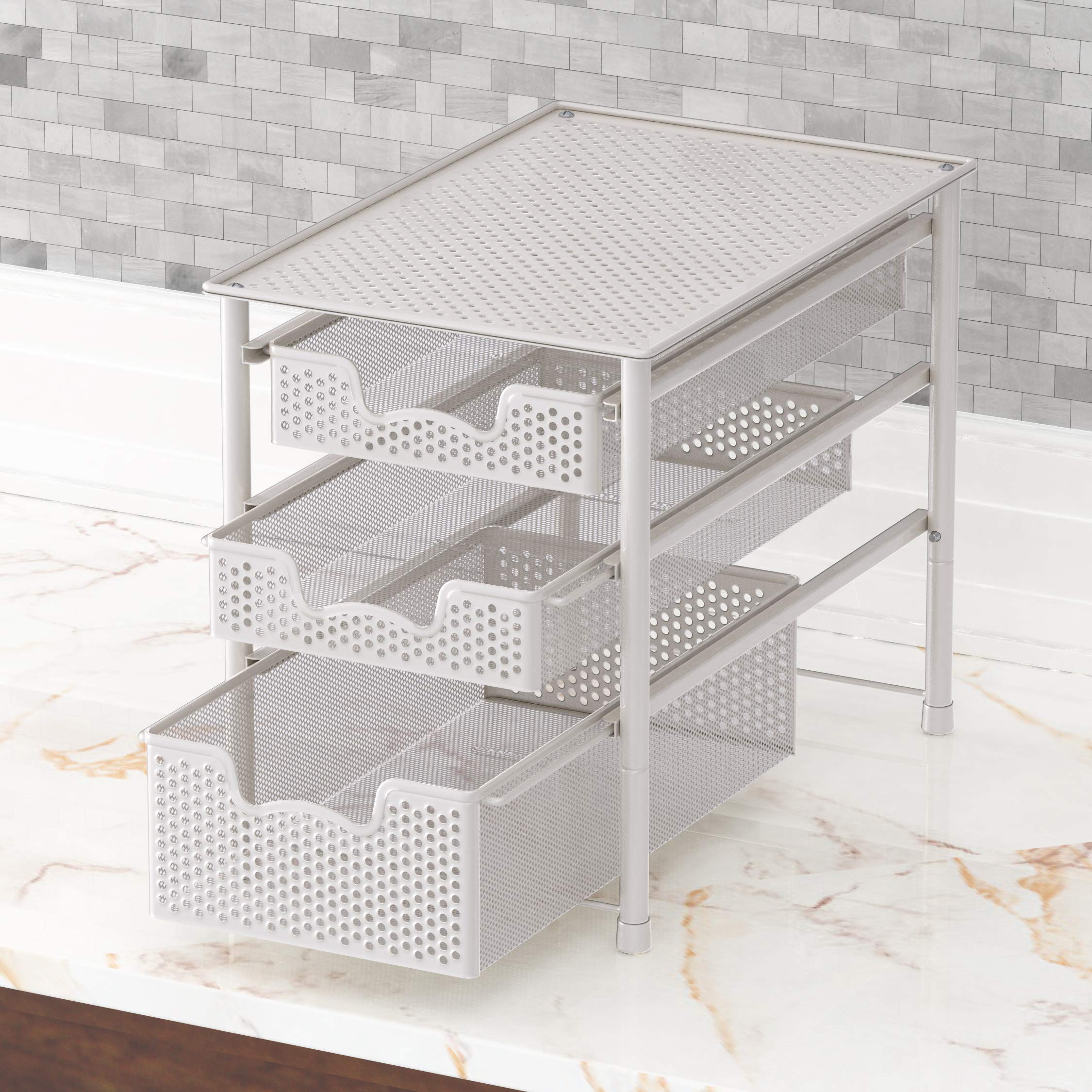 3-Tier Sliding Basket Organizer - White Alloy Steel Cabinet Drawer for Kitchen, Bathroom & Pantry Storage | Space-Saving Home Organization Solution