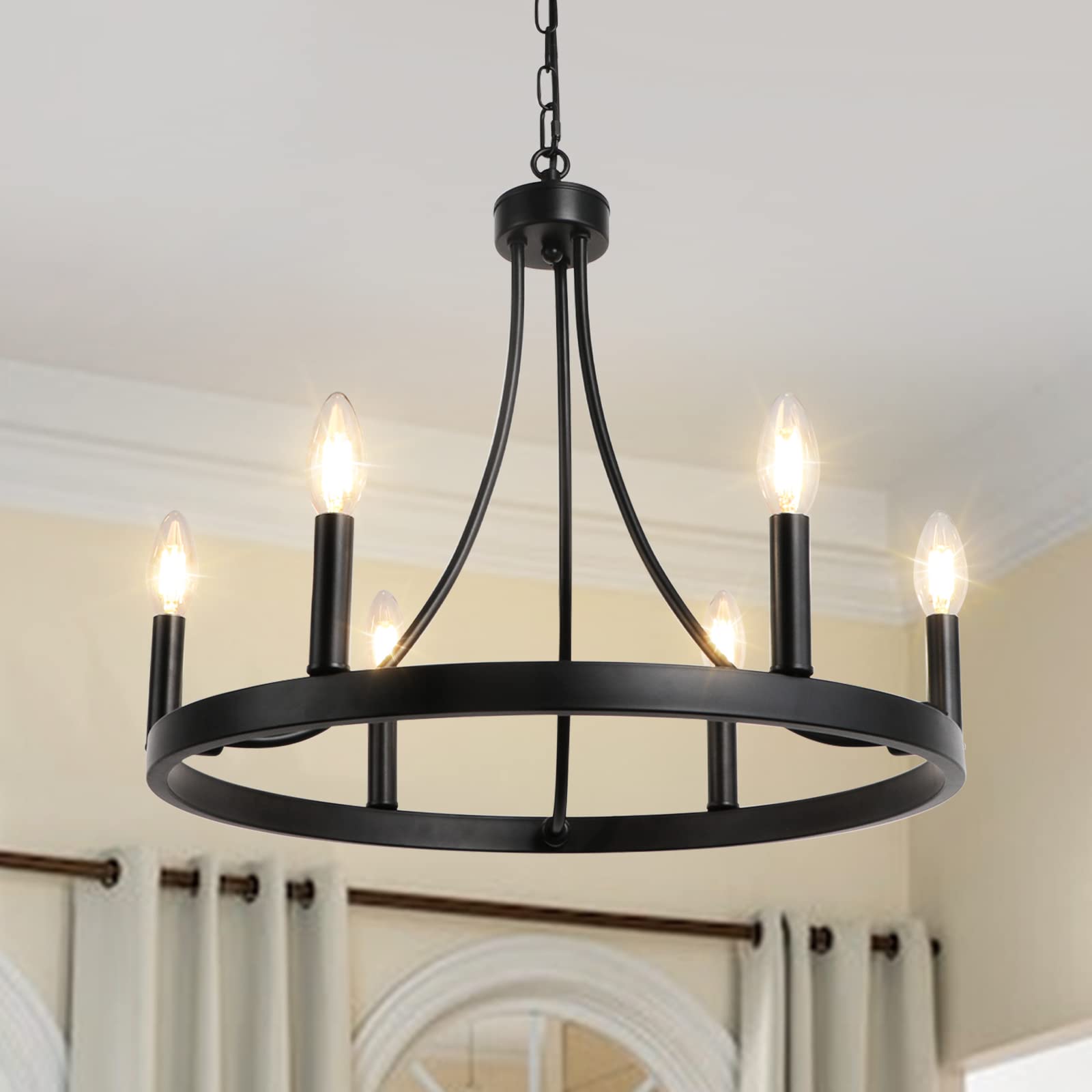 LynPon 6-Light Black Wagon Wheel Chandelier - 20 Inch Rustic Farmhouse Ceiling Light Fixture for Dining Room, Living Room, Kitchen, Foyer | Perfect for Entryways, Barn Weddings & Country Style Home Decor