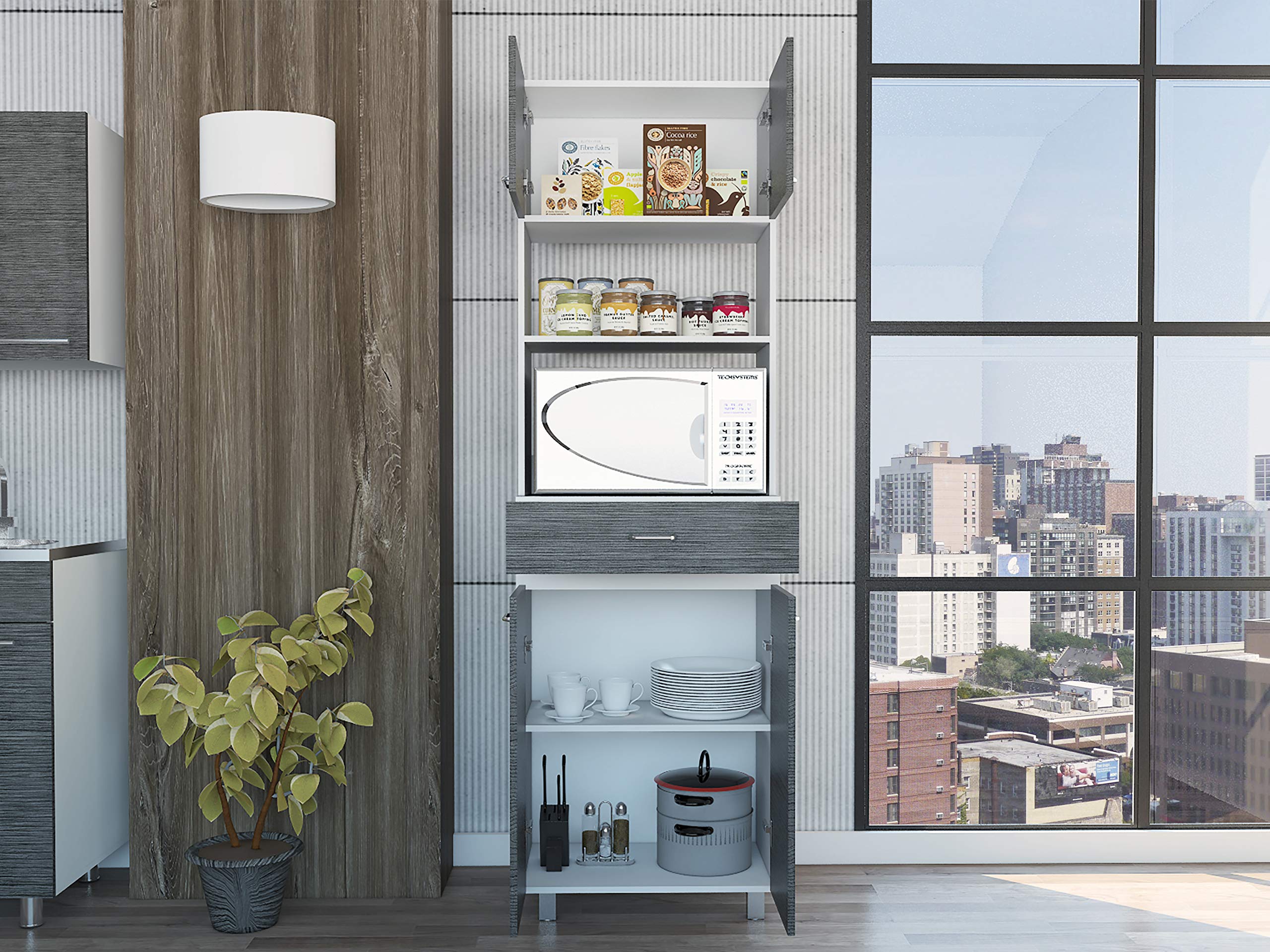 Auburn Microwave Pantry Cabinet with 2 Storage Cabinets, 2 Open Shelves & Drawer - Smokey Oak/White Finish | Perfect for Kitchen Organization & Small Space Storage