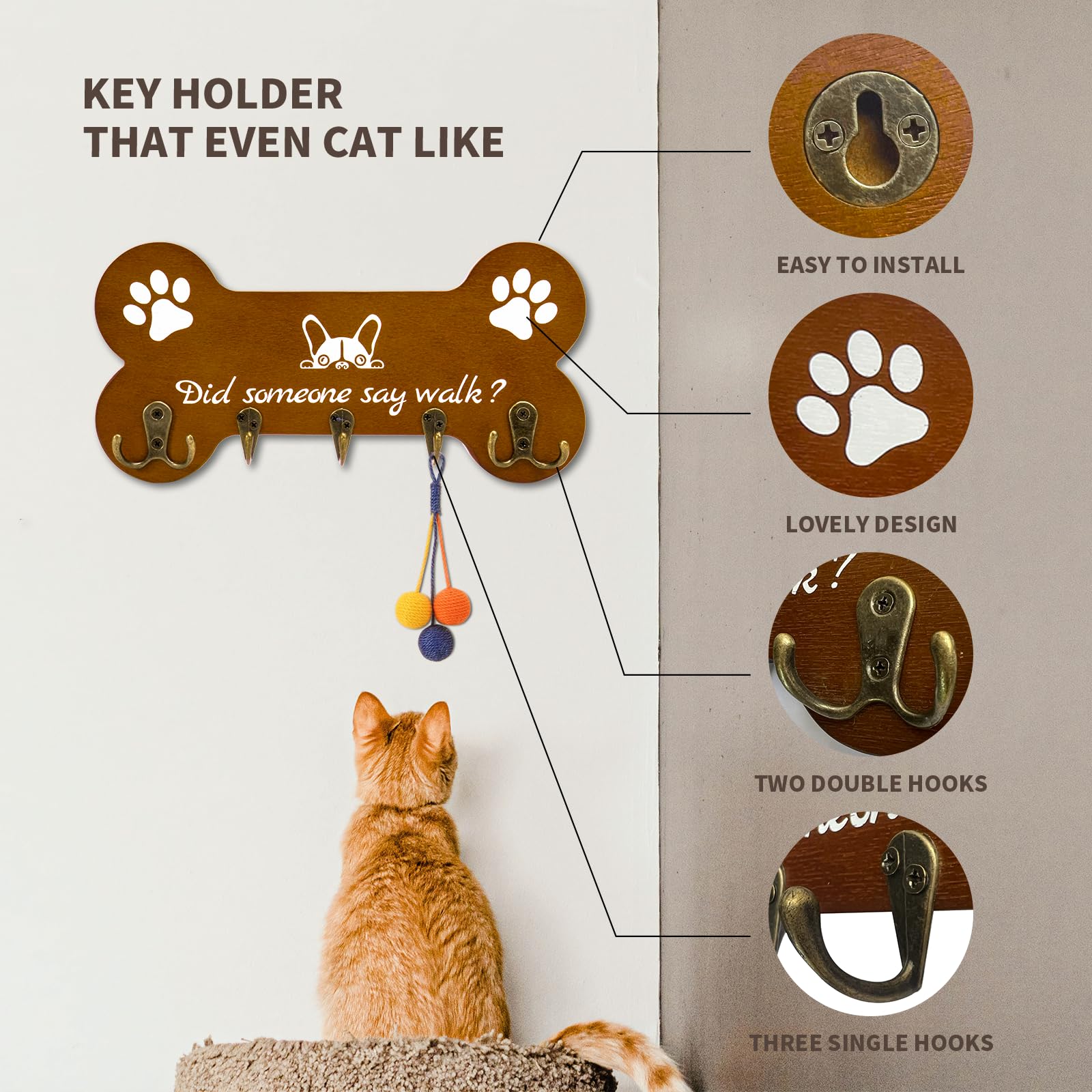 Wall Mounted Bone Shaped Dog Leash Holder - 5 Hook Coat Rack for Entryway, Door & Bedroom Organization - Durable Dog Accessories for Pet Lovers (11.8