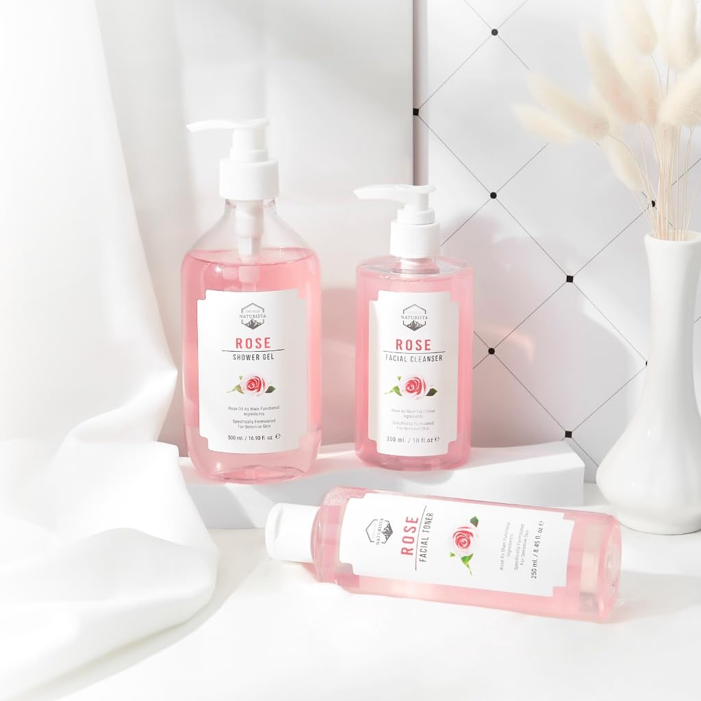 NTRT Rose Skincare Set - 250ml Rose Facial Toner, 300ml Rose Facial Cleanser & 500ml Rose Shower Gel for Hydration & Glow - Perfect for Daily Face & Body Care Routine