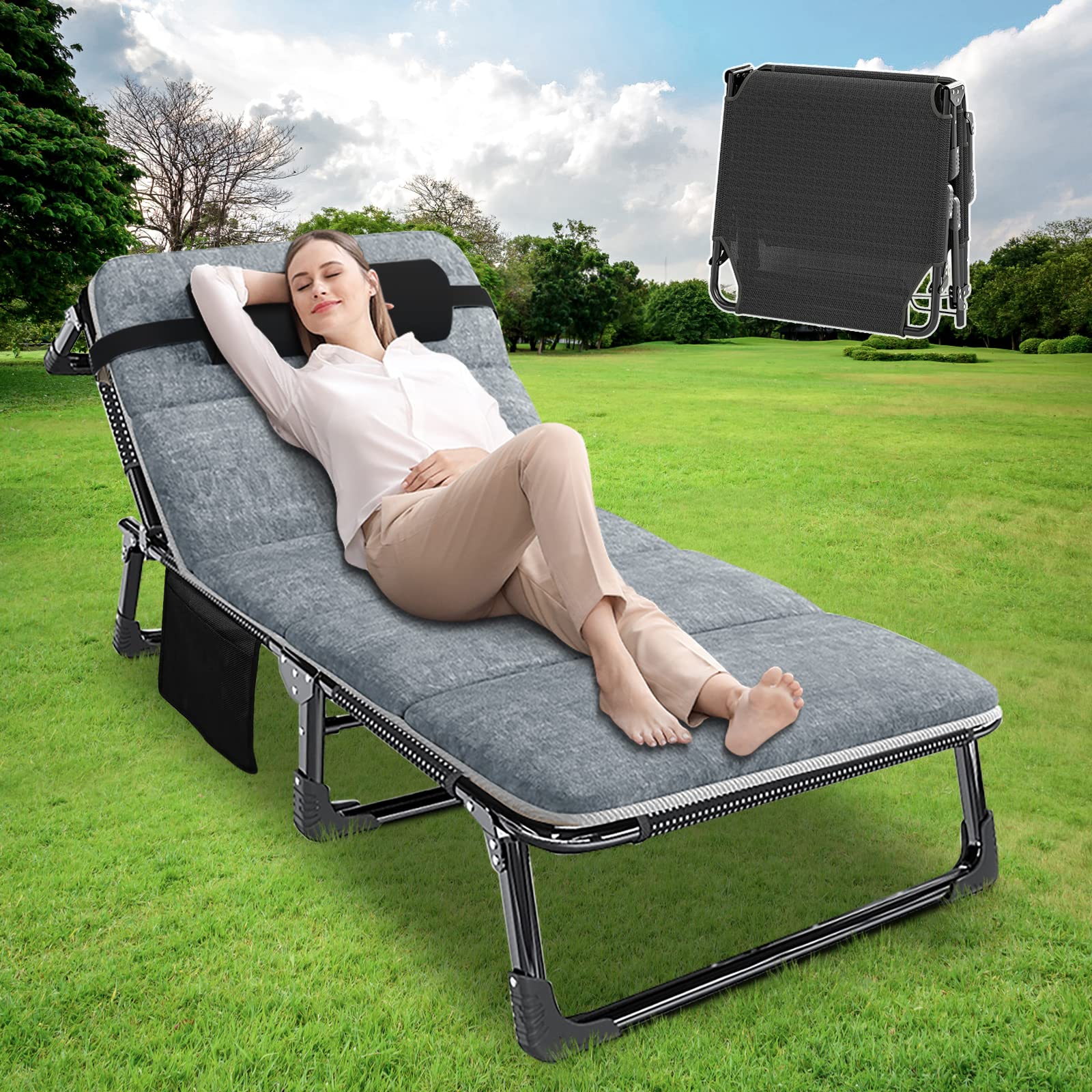 ABORON Adjustable Adult Sleeping Cot - Portable Folding Chaise Lounge Chair with Pillow for Camping, Beach & Outdoor Relaxation | Perfect for Backyard, Poolside, Picnics & Sunbathing