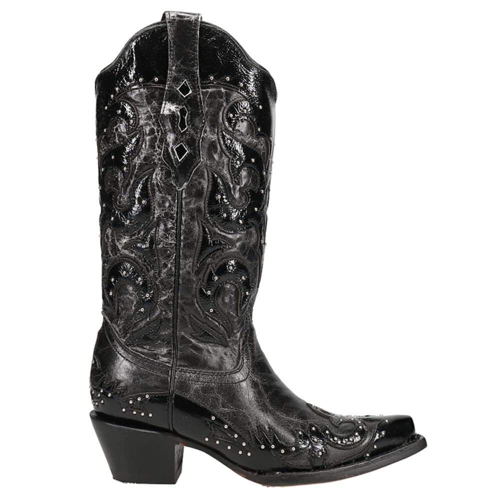Women's Corral Studded Wing Tip Tooled Inlay Snip Toe Mid Calf Boots - 2-3