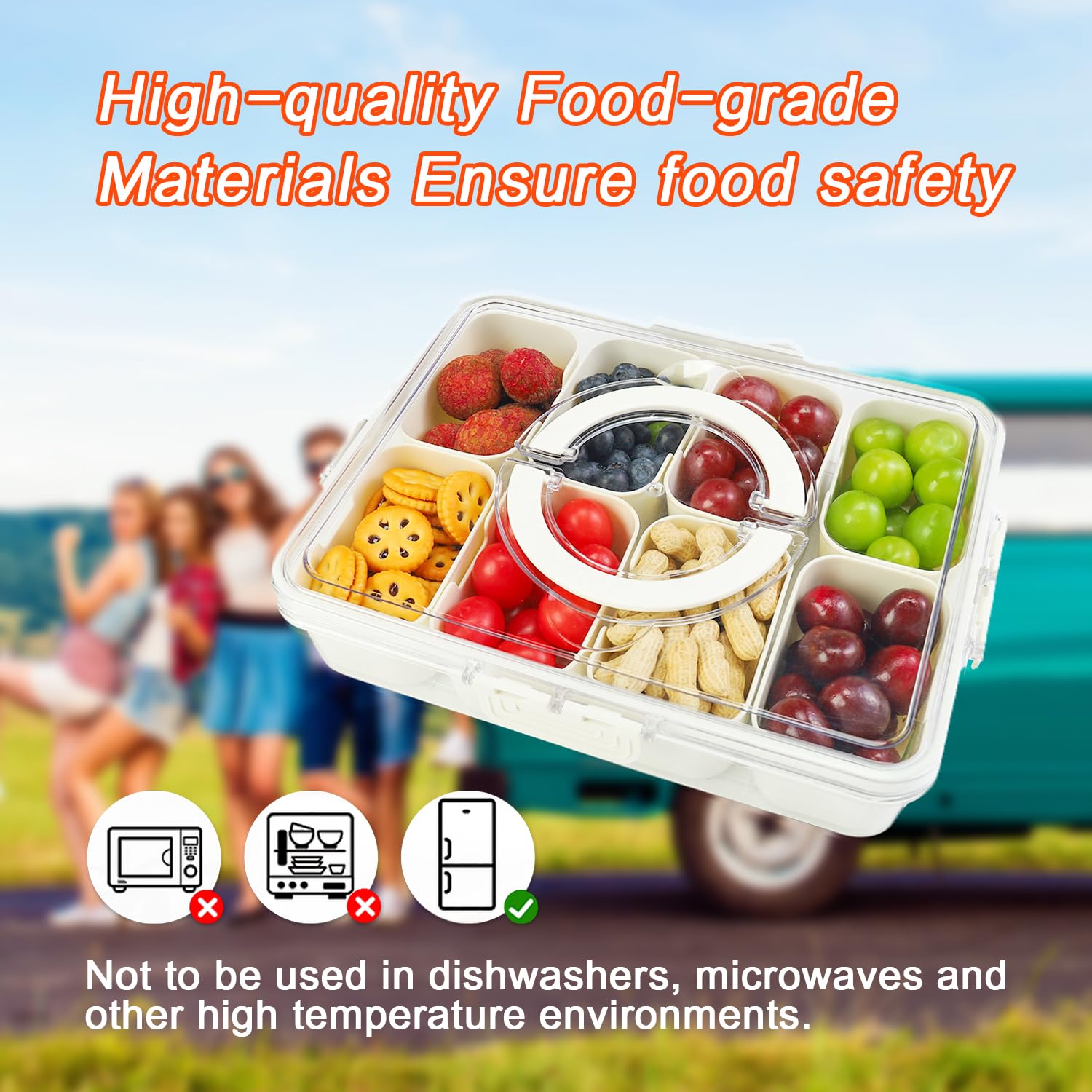 8-Compartment Snackle Box Container with Lid & Handle - Divided Serving Tray for Candy, Fruit, Snacks - Perfect for Parties, Picnics, School Lunches & Outdoor Gatherings