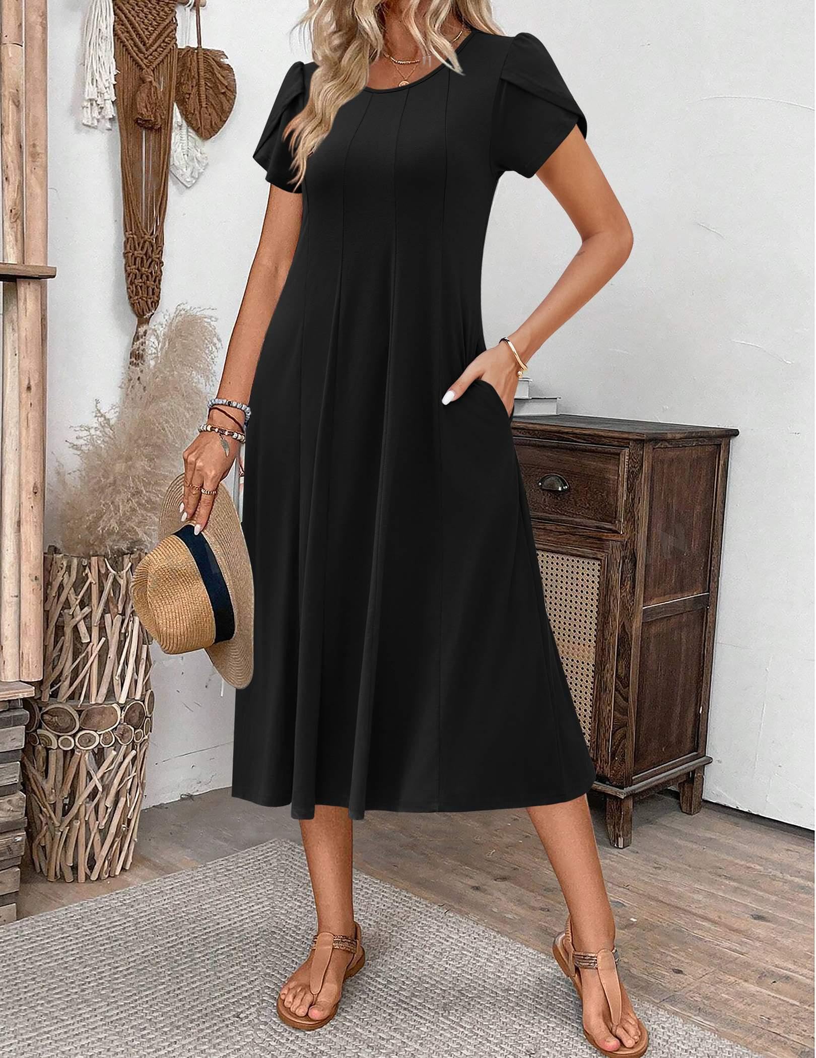 Zeagoo Women's Summer Casual Short Sleeve Pleated Flowy Midi Dress - Loose Beach Sundress with Pockets for Vacation, Travel, and Outdoor Activities