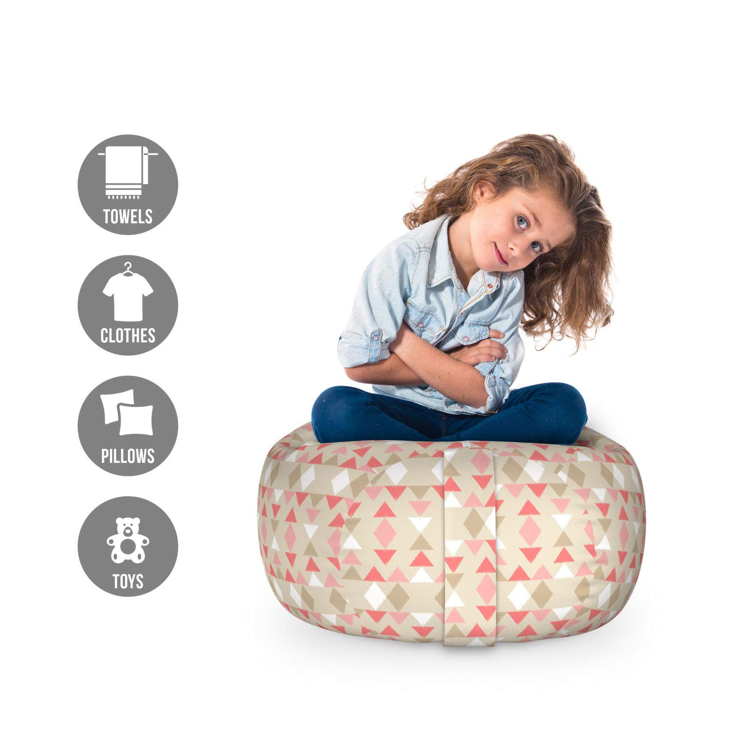 Ambesonne Bohemian Style Ethnic Storage Toy Bag Chair - Triangle & Rhombus Pattern, Washable Stuffed Animal Organizer, Small Size Grey Yellow Blush - Perfect for Kids' Room, Nursery & Playroom Organization