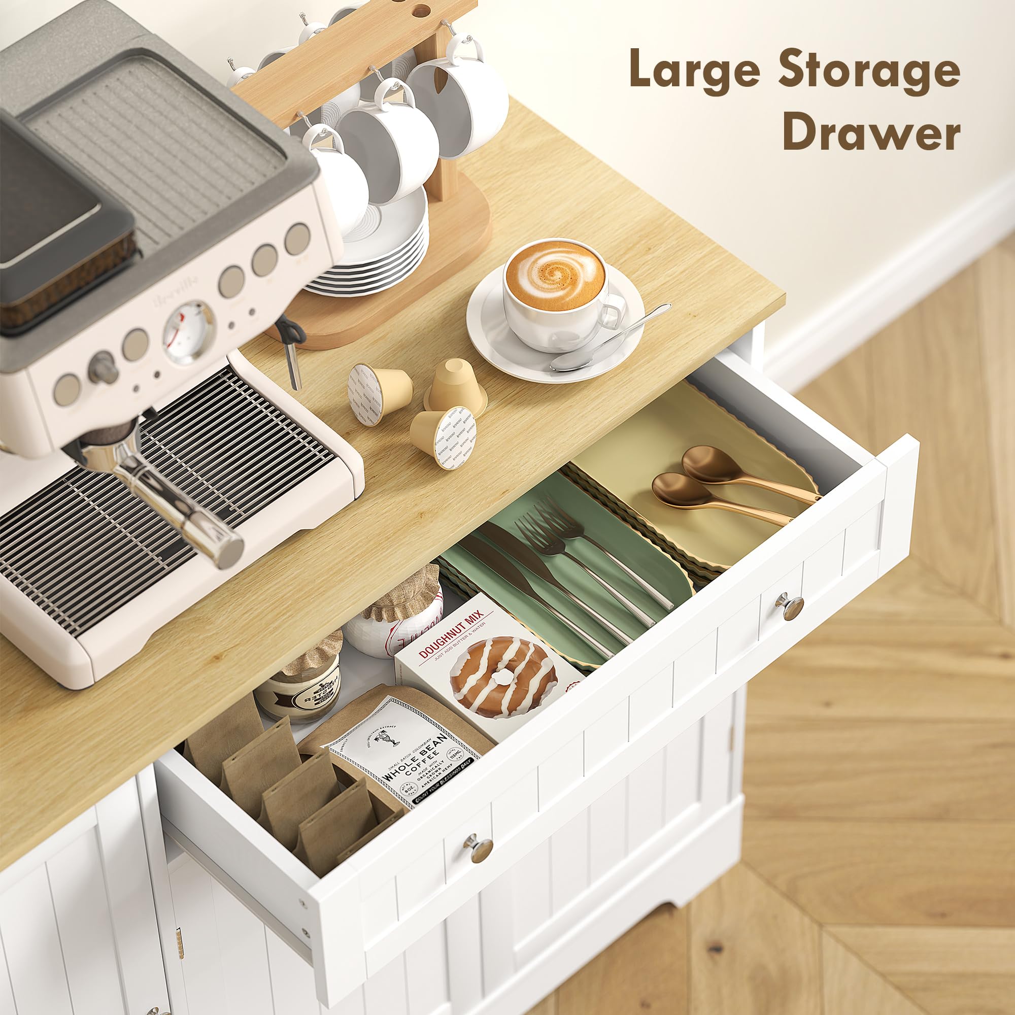 Modern White Coffee Bar Cabinet with Storage & Adjustable Shelves - Sideboard Buffet Cabinet with Drawers for Small Kitchen Pantry - Perfect for Home Bar, Dining Room & Kitchen Organization