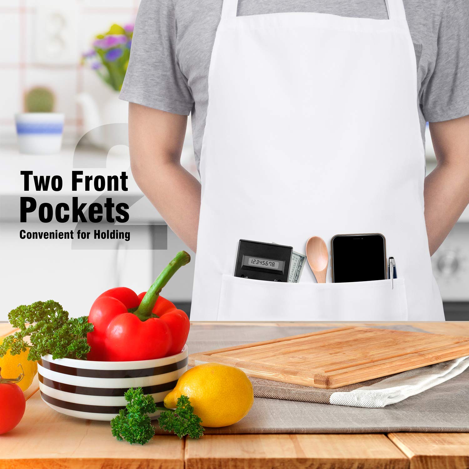Xornis 2 Pack White Bib Aprons with 2 Pockets - Adjustable Chef Apron for Cooking, Baking & BBQ - Perfect for Kitchen, Restaurant & Outdoor Grilling