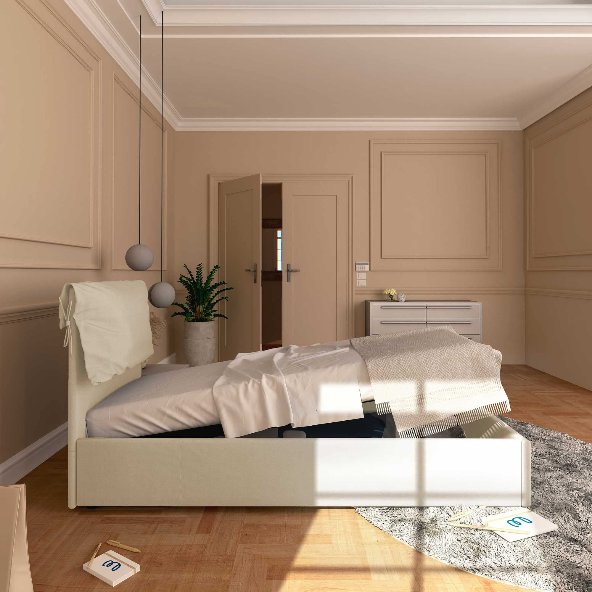 Baldiflex Single Bed with Storage - Licia Soft Synthetic Leather, Slatted Base for Single Mattresses, 90 x 190 cm, Thin Padded Headboard, Light Beige - Perfect for Small Bedrooms, Guest Rooms & Studio Apartments