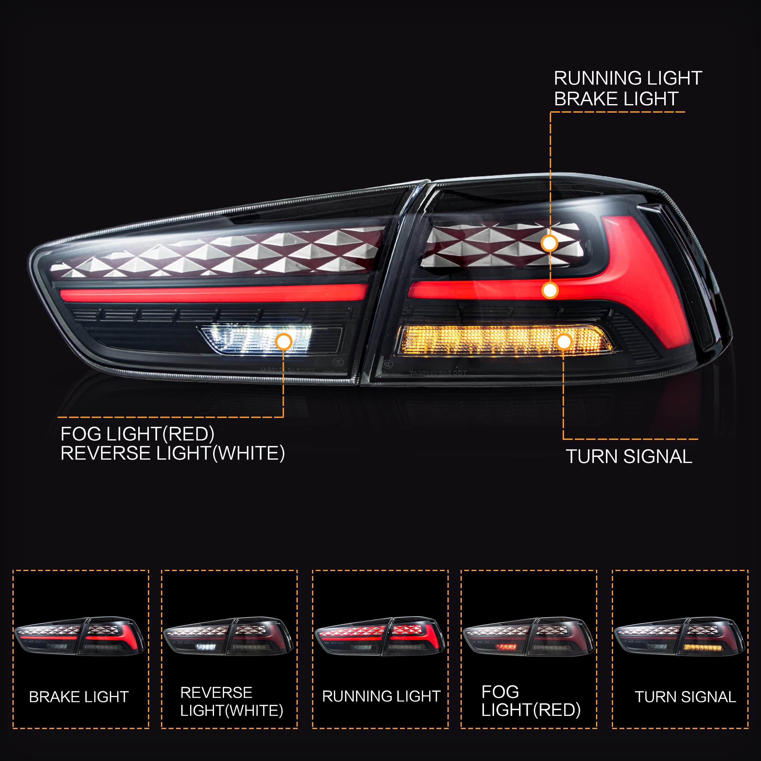 VLAND LED Tail Lights Assembly for Mitsubishi Lancer & EVO X 2008-2020 - Dynamic Sequential Turn Signal, Smoked Lens, Plug & Play (Not Fit Sportbacks/Fortis/IO) - Upgrade Your Car's Style & Safety for Night Driving