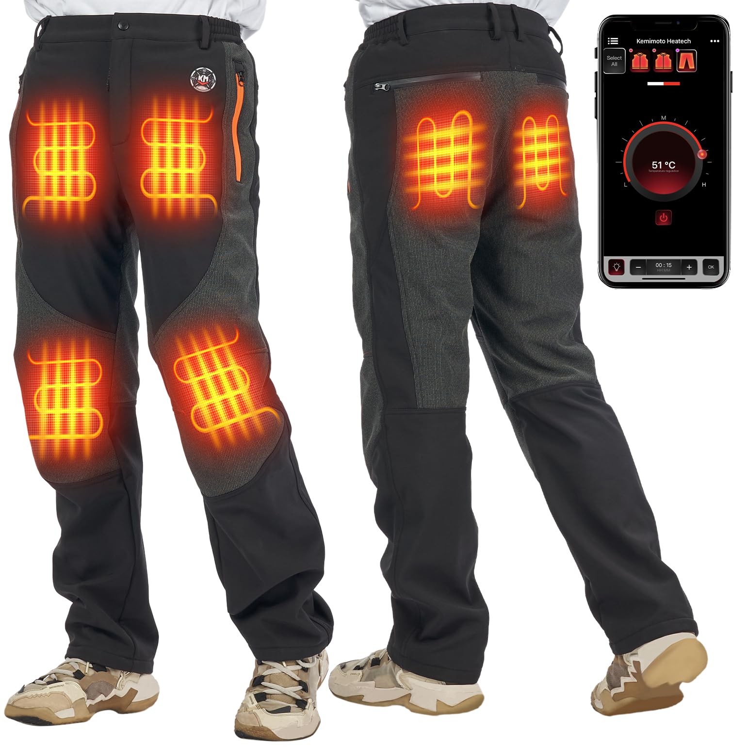 KEMIMOTO 12V Heated Pants for Men - Waterproof Rechargeable Winter Trousers with APP Temperature Control - Perfect for Hunting, Skiing & Outdoor Winter Activities