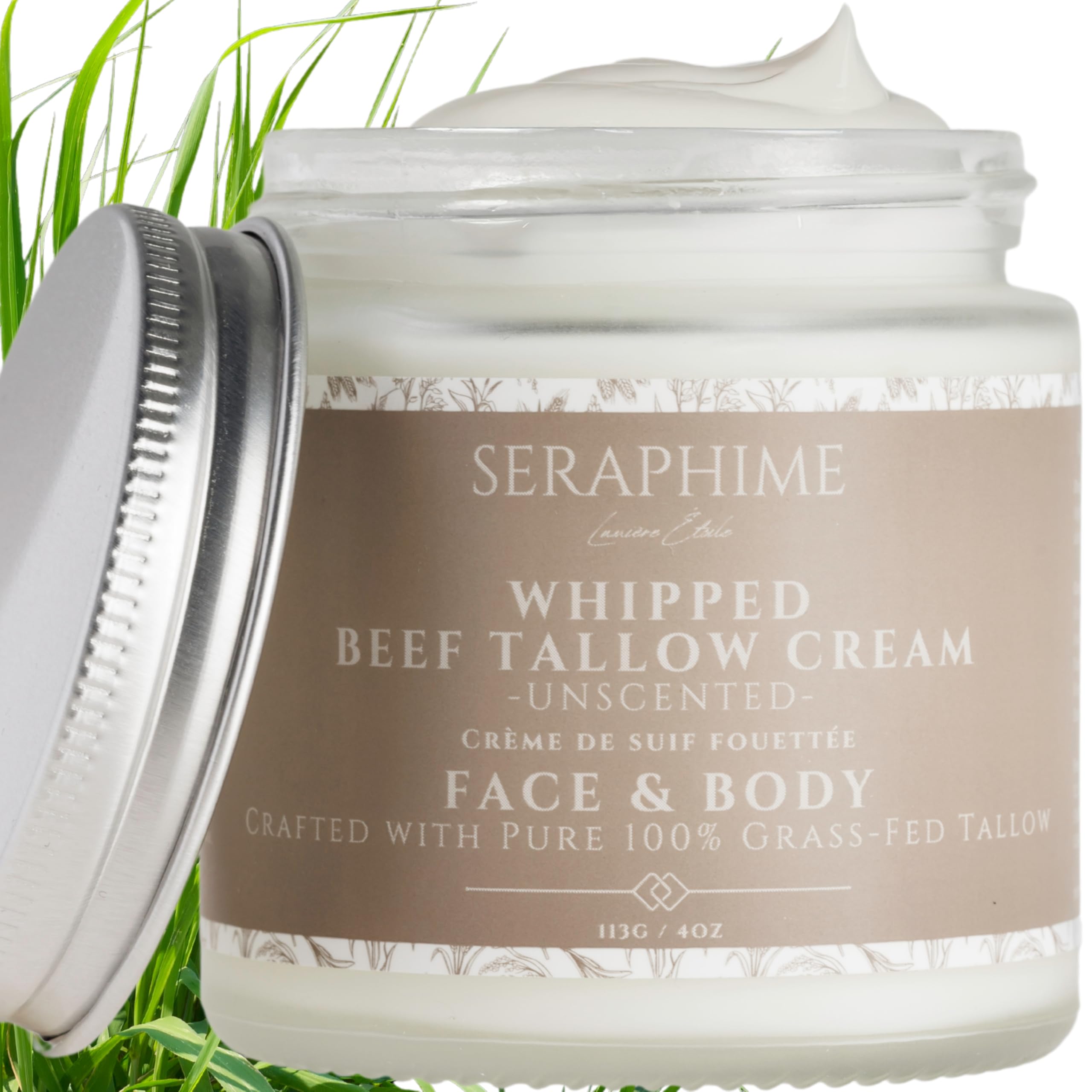 Grass-Fed Whipped Beef Tallow Cream for Face & Body - Hydrating Moisturizing Balm with Aloe & Niacinamide - Unscented Natural Body Butter (4 oz) - Perfect for Dry Skin Care, Eczema Relief & Nighttime Nourishment