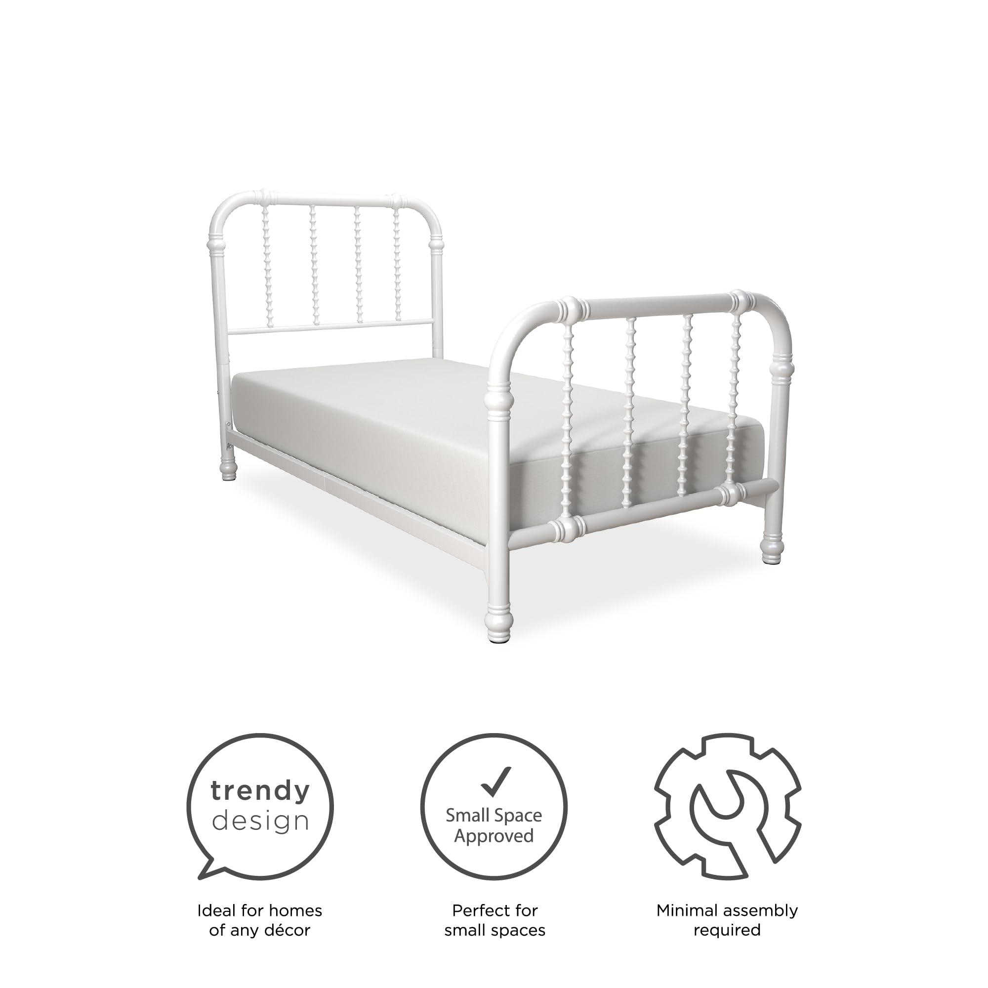 DHP Jenny Lind Twin Size Kids Metal Bed Frame with Country Chic Headboard & Footboard - White | Underbed Storage Space for Toys | Perfect for Children's Bedroom, Nursery or Guest Room