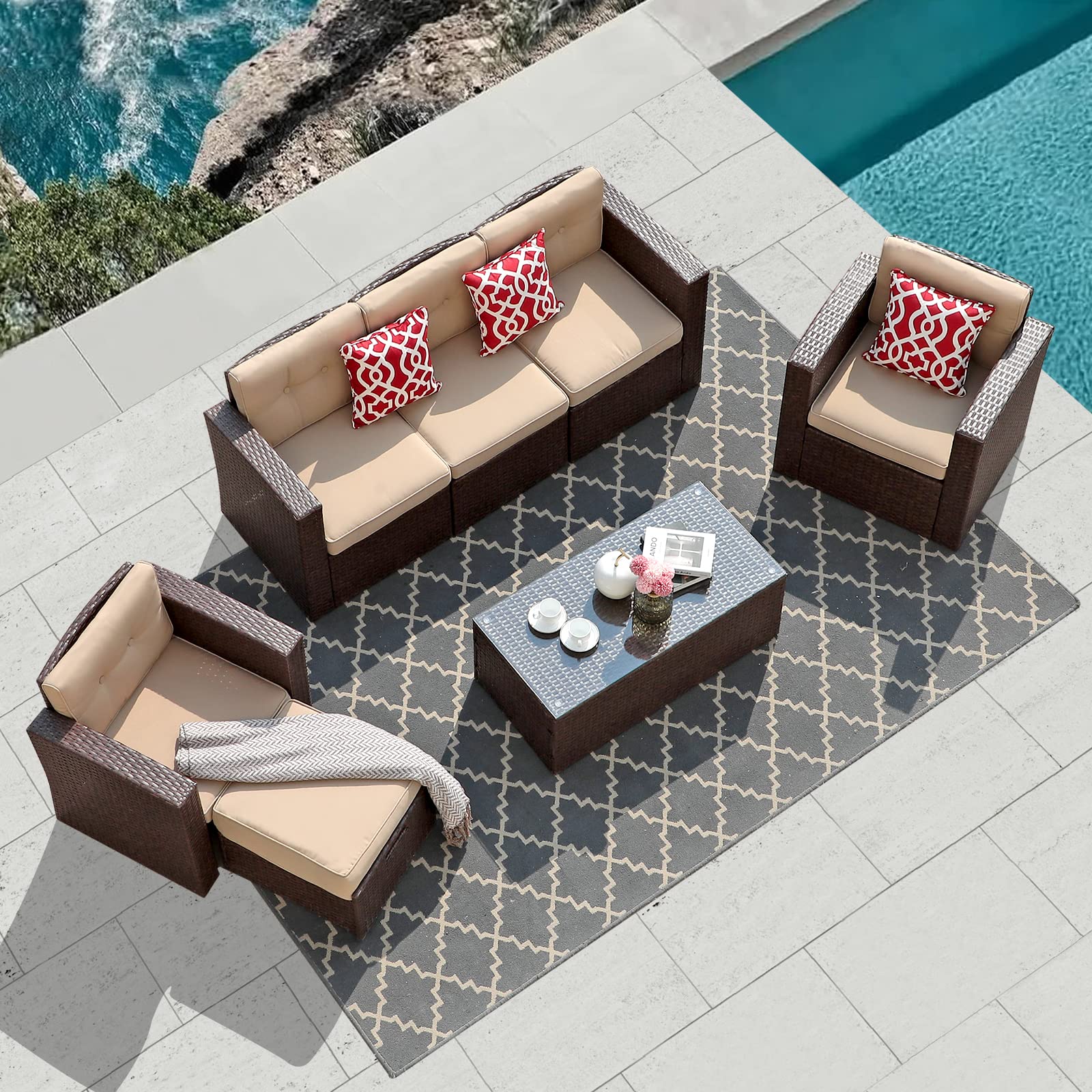 Super Patio 7-Piece All-Weather Outdoor Furniture Set - PE Wicker Sectional Sofa with Ottoman, Tempered Glass Coffee Table & 3 Red Pillows (Espresso Brown) - Perfect for Backyard, Garden, Poolside or Patio Relaxation