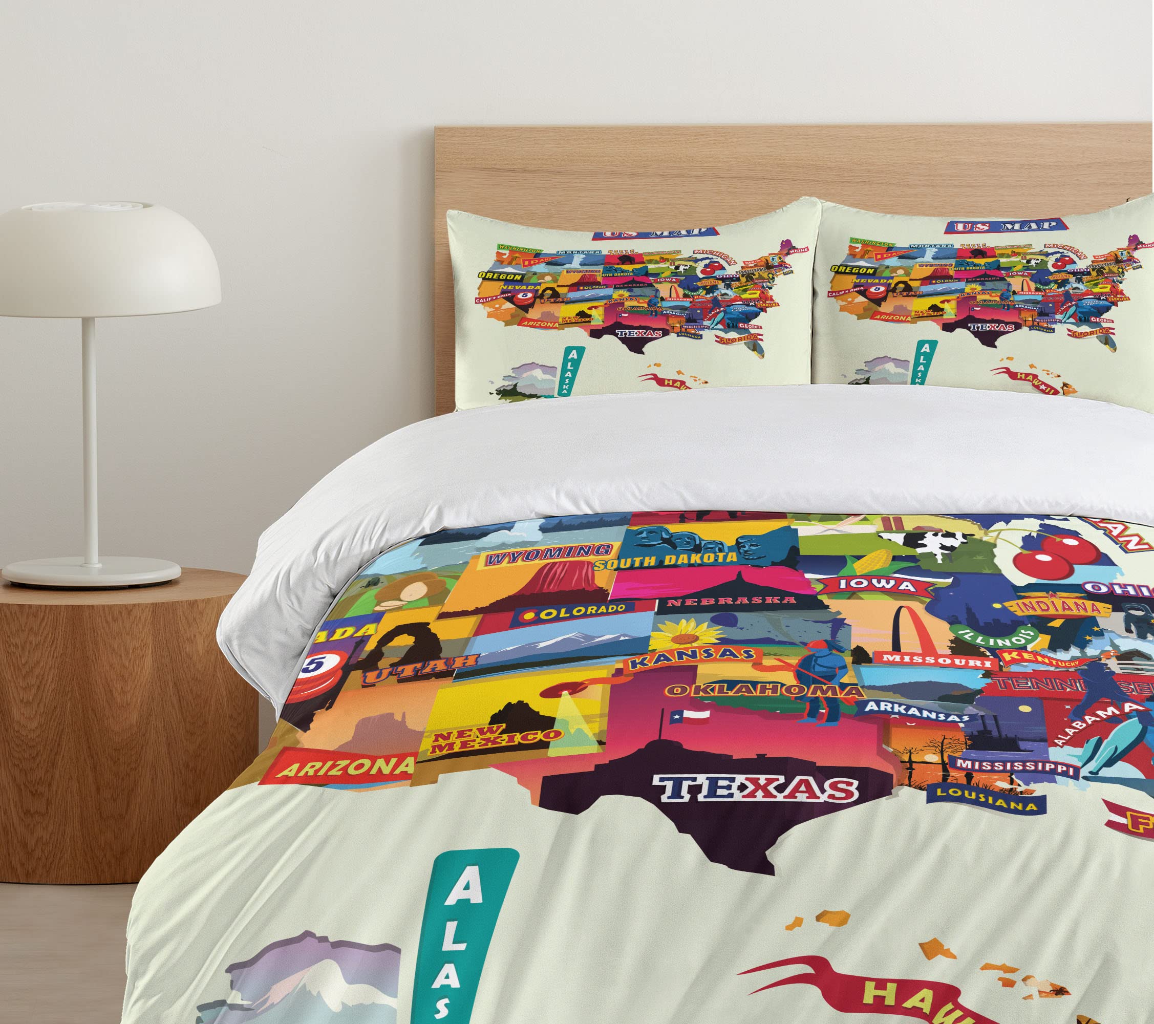Ambesonne US Map Print Duvet Cover Set - Seashore, Sunflowers & Tourist Attractions Design, 3-Piece Queen Size Bedding with 2 Pillow Shams | Perfect for Home Decor, Guest Rooms & American-Themed Bedrooms