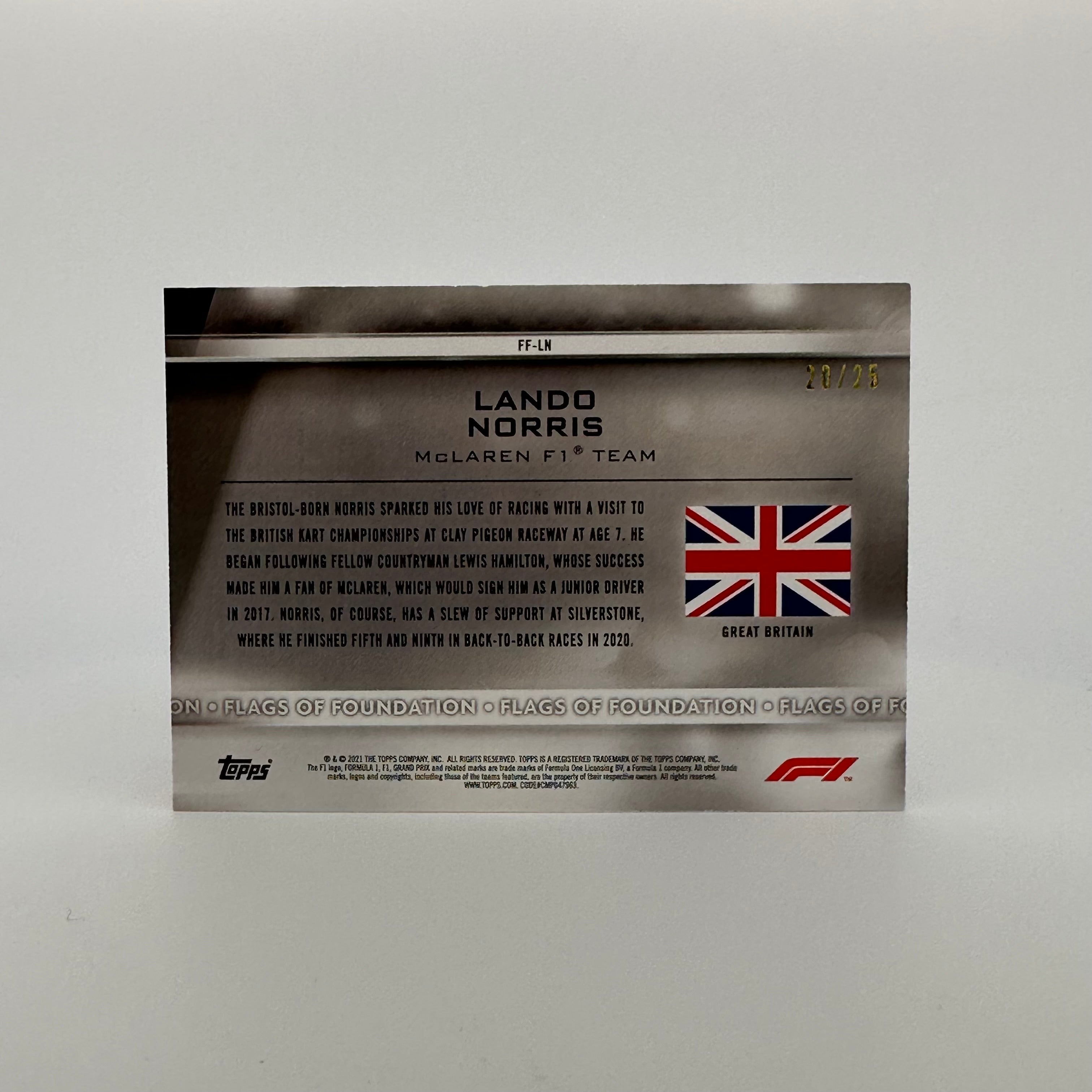 2021 Formula 1 Lando Norris #FF LN Orange 20/25 Flags of Foundation - Collectible Racing Memorabilia for F1 Fans & Sports Enthusiasts