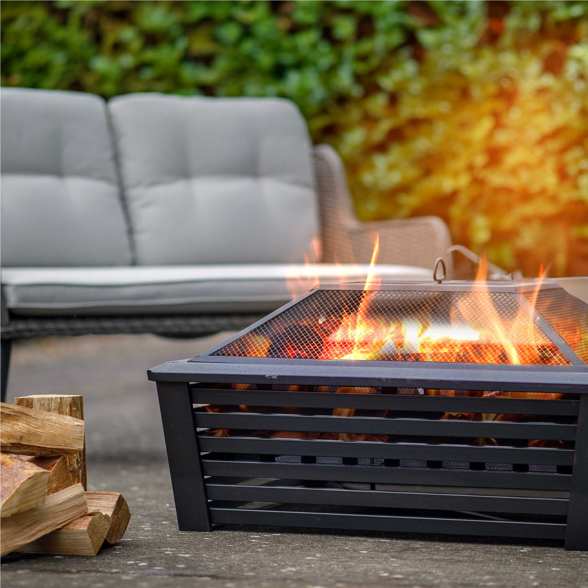 35 Inch Square Outdoor Fire Pit with Mesh Screen Lid - Heavy Duty Black Steel Fire Pit for Backyard, Patio, or Camping - Perfect for Roasting Marshmallows, Bonfires & Outdoor Gatherings