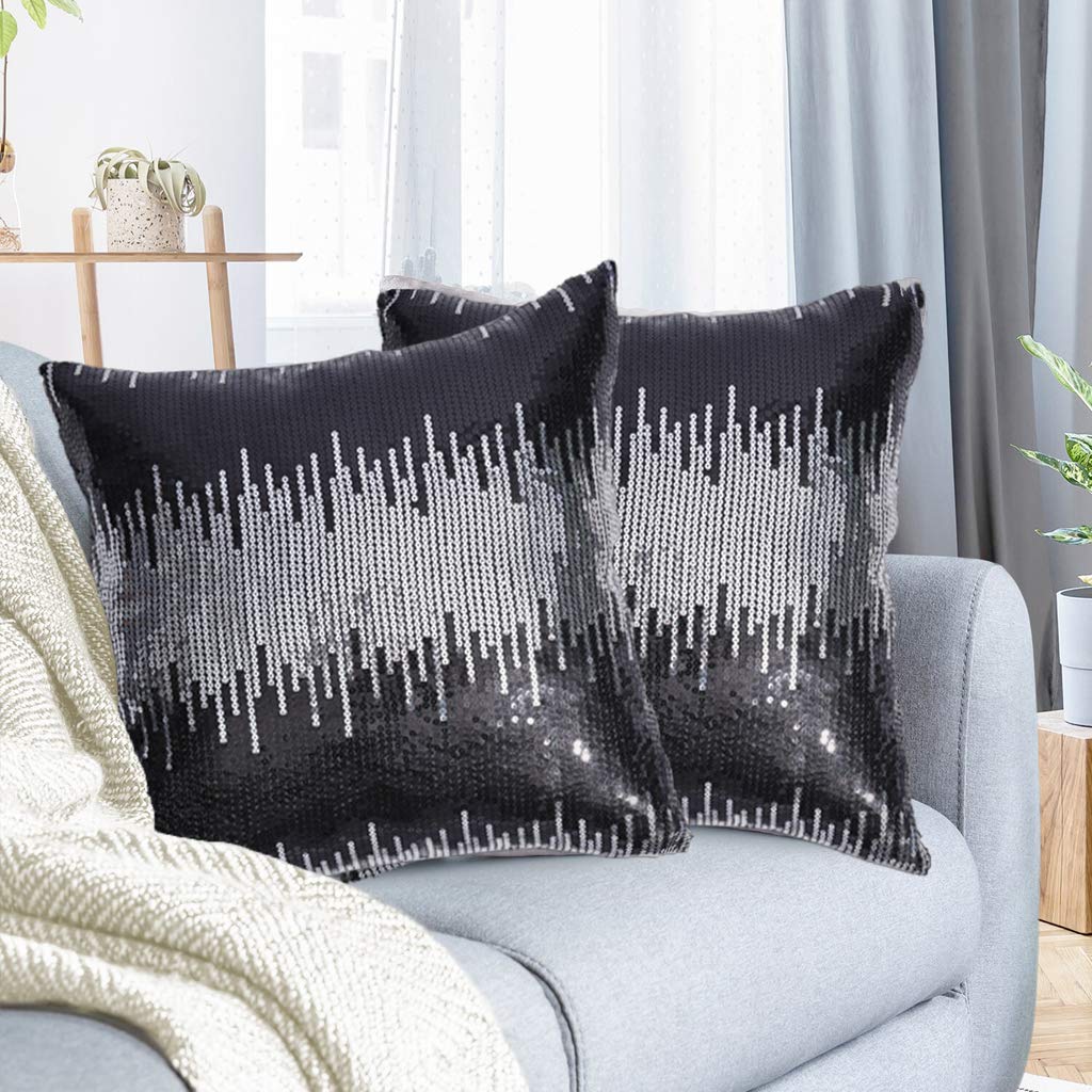 Sparkly Throw Pillow Covers Set of 2 - 18x18 Inch Black Silver Decorative Cushion Cases for Sofa, Couch & Home Decor - Perfect for Living Room, Bedroom & Gift Giving