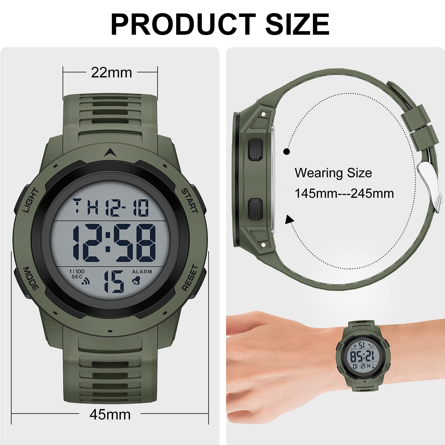 **GOLDEN HOUR Men's Waterproof Digital Sports Watch - Military Style, Wide Screen, Easy-to-Read Display, Durable Rubber Strap - Perfect for Running, Hiking, Swimming & Outdoor Adventures**