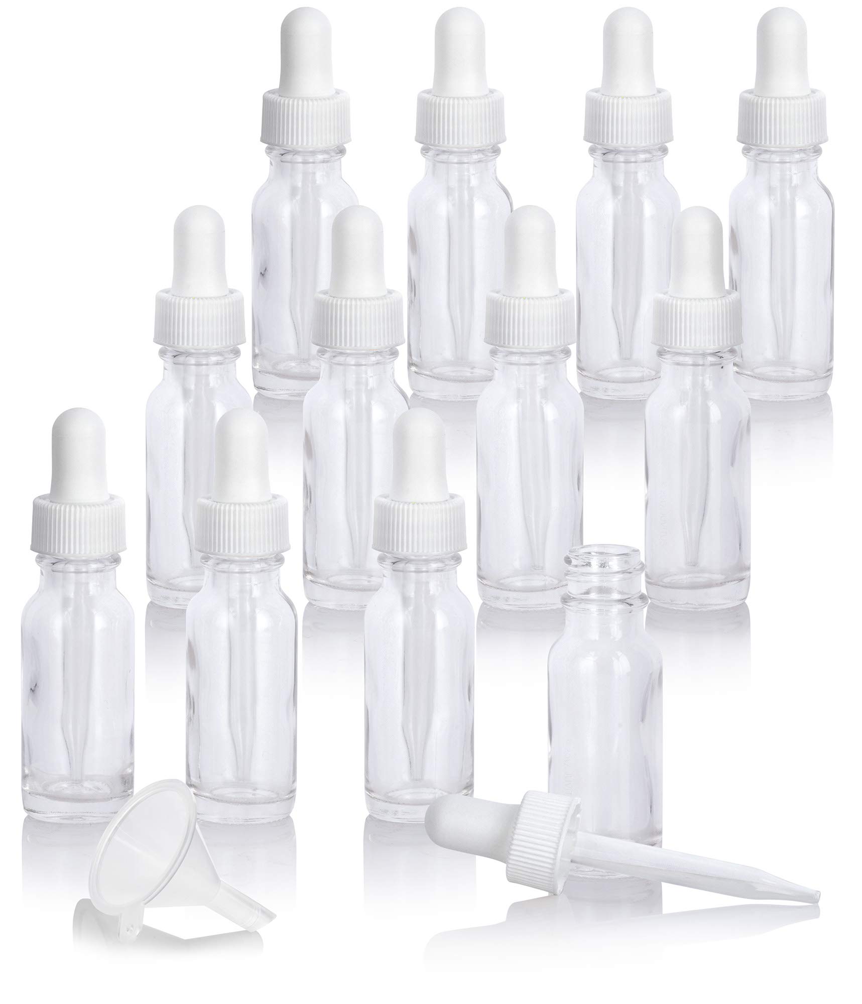 JUVITUS 12 Pack 0.5 oz (15 ml) Clear Glass Boston Round Bottles with White Dropper Caps & Funnel - Essential Oil, DIY Beauty, Travel Size Liquid Storage for Aromatherapy, Perfume, and Skincare Products