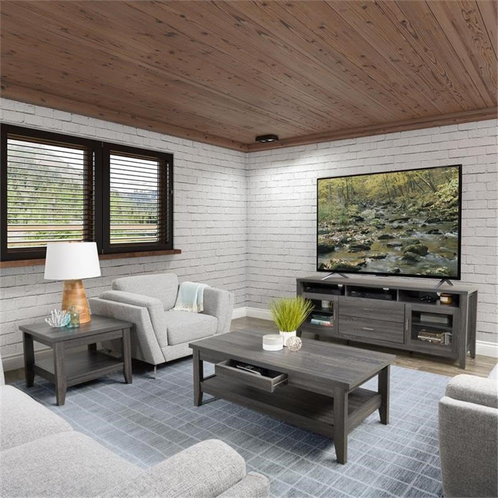 CorLiving Hollywood Dark Gray Engineered Wood Grain Coffee Table with Hidden Drawers - Modern Living Room Furniture for Small Spaces, Home Decor Centerpiece