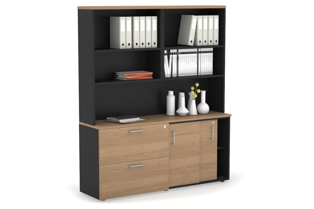 2-Door Sliding Credenza with 2 Drawers & Open Hutch - Modern Office Storage Cabinet for Files, Supplies & Decor - Perfect for Home Office, Conference Rooms & Workspaces