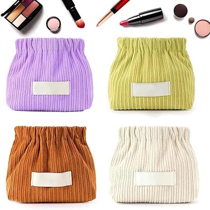 Corduroy Small Makeup Bag for Purse - Elastic Hair Tie Organizer & Travel Cosmetic Case - Mini Toiletry Bag for Lipstick, Jewelry & Essentials - Multipurpose Organizer (Blue, Cream, Yellow) - Perfect for Travel, Gym & Daily Use
