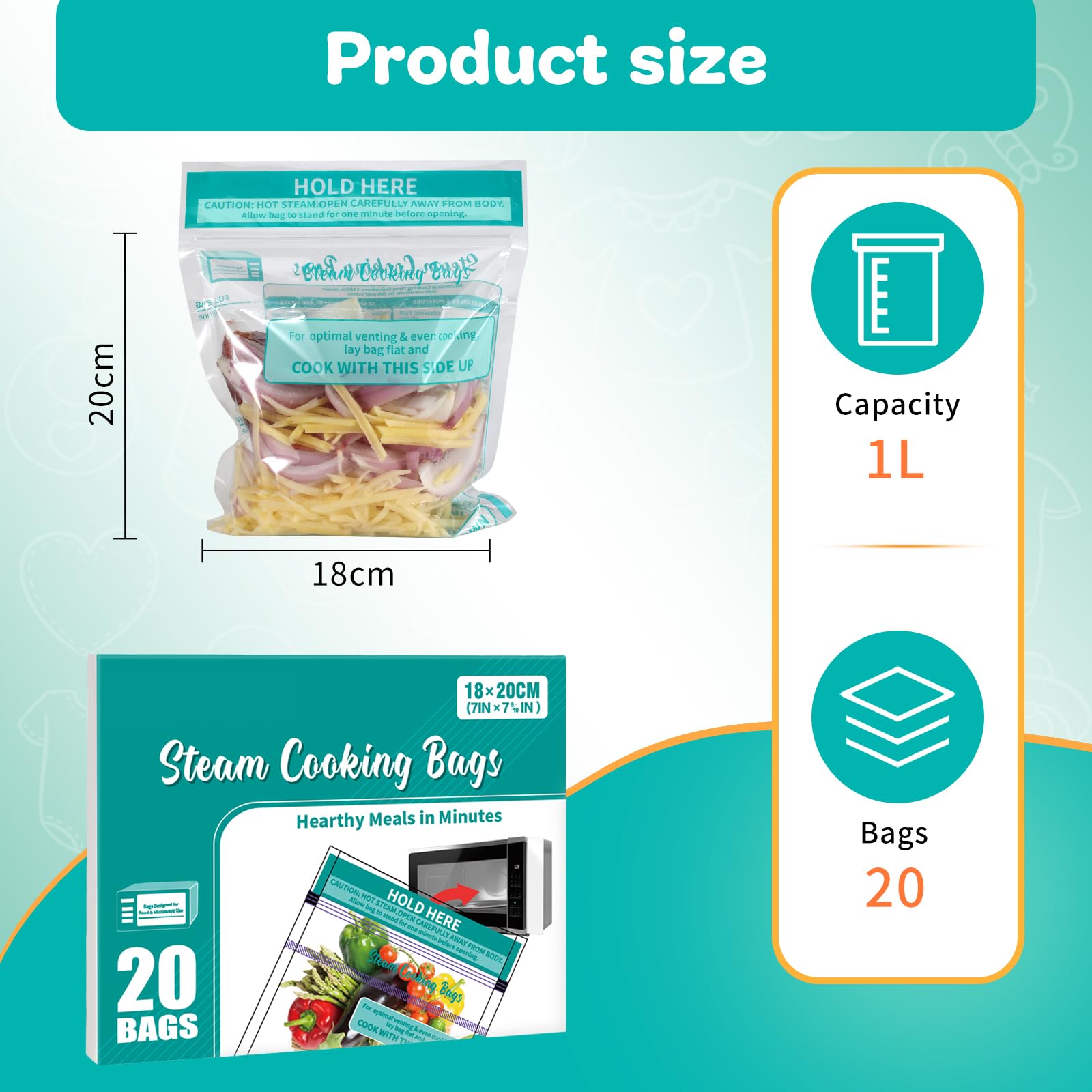 20-Pack Disposable Microwave Steaming Bags for Vegetables, Potatoes & Meat | BPA-Free Food Steam Cooking Bags | Quick & Easy Meal Prep | Perfect for Healthy Cooking, Meal Prepping & Leftovers