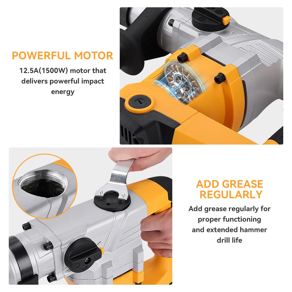 Hoteche 1-9/16-Inch SDS Max Rotary Hammer Drill - 12.5A 3-Function Heavy Duty Demolition Hammer with Drill Bit, Chisel & Carrying Case | Perfect for Concrete Drilling, Masonry Work & Construction Projects