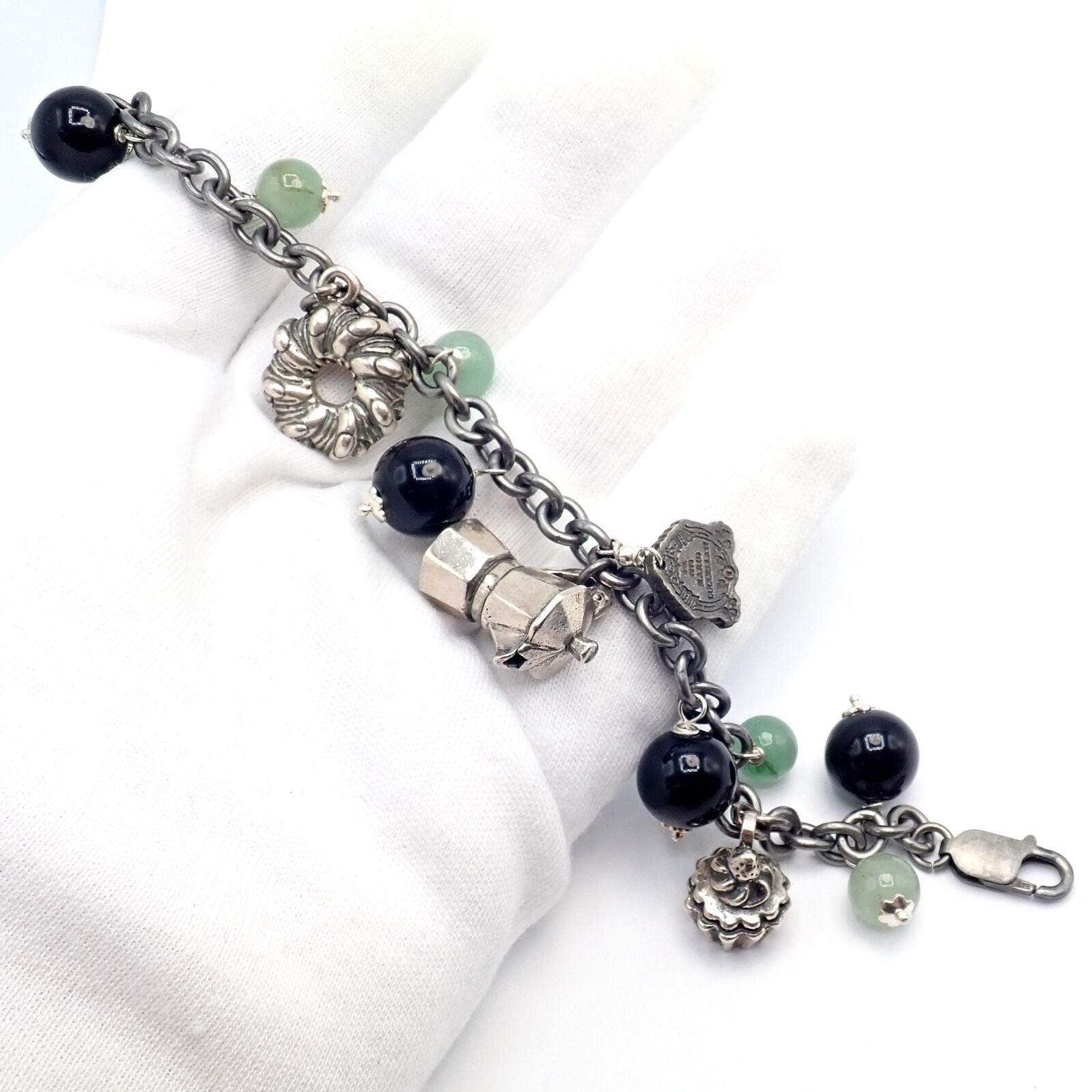 Vintage Mario Buccellati Sterling Silver Coffee Jadeite Onyx Beaded Charm Bracelet - Elegant Jewelry Gift for Women, Perfect for Parties, Weddings & Special Occasions