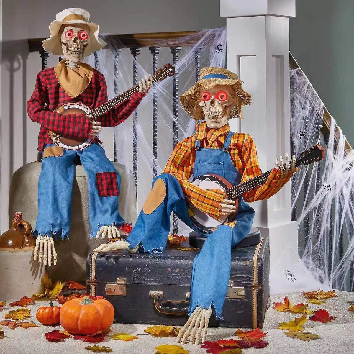 Spooky Halloween Banjo Skeleton Decor - Scary Musical Skeleton Prop for Halloween Party, Haunted House, and Outdoor Yard Decoration