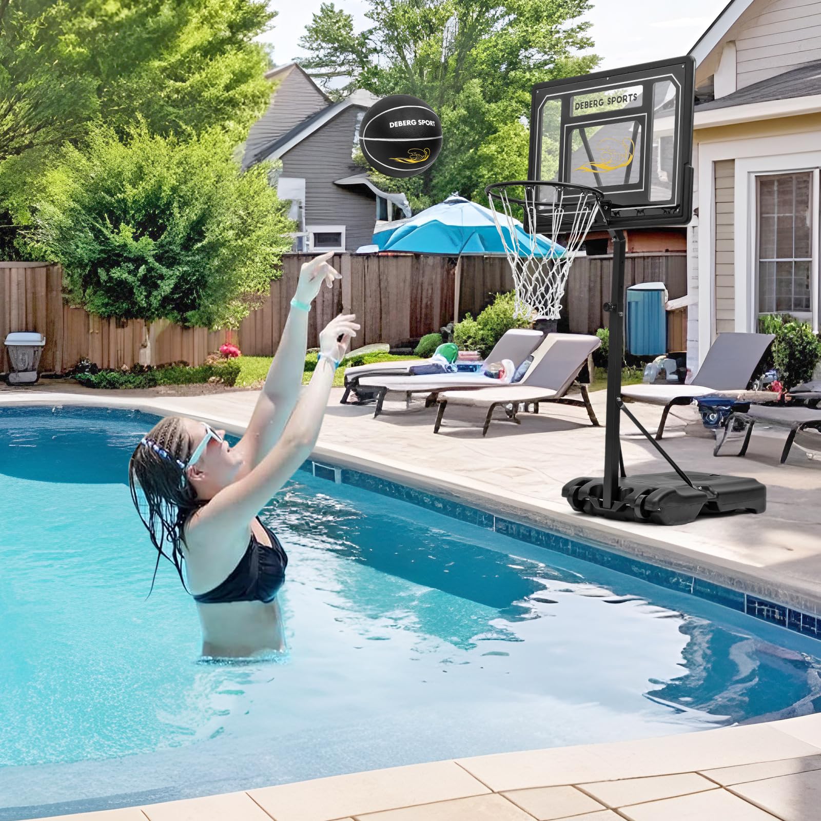 DEBERG Adjustable 3-4ft Portable Pool Basketball Hoop Set with Wheels, Shatterproof Backboard, Ball & Air Pump - Perfect for Backyard Swimming Pool Games, Summer Water Fun & Family Outdoor Activities