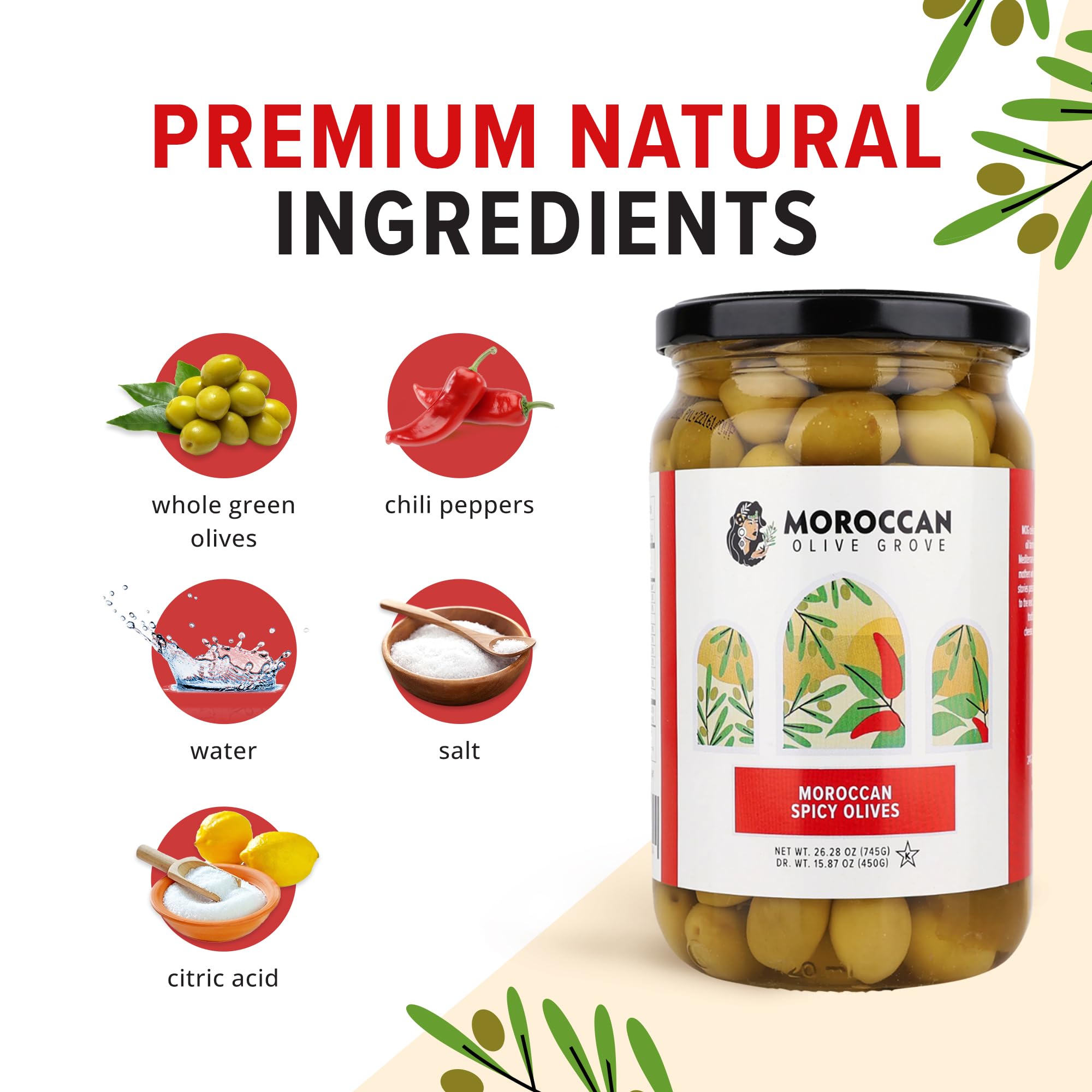 Premium Moroccan Spicy Olives with Chili Peppers - 26.28oz (740g) Handpicked & Naturally Cured Whole Olives from Moroccan Olive Groves - Perfect for Charcuterie Boards, Mediterranean Dishes & Gourmet Gifts (1 Pack)