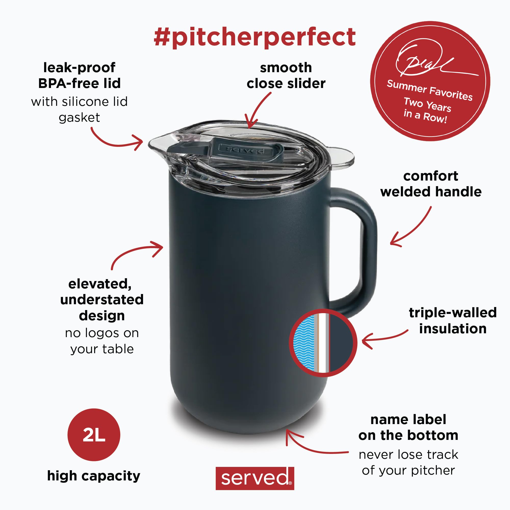 Premium 2L Vacuum-Insulated Stainless Steel Pitcher with Copper Lining - Keeps Drinks Cold for 24 Hours & Hot for 12 Hours - Perfect for Iced Tea, Lemonade, Coffee & Outdoor Parties